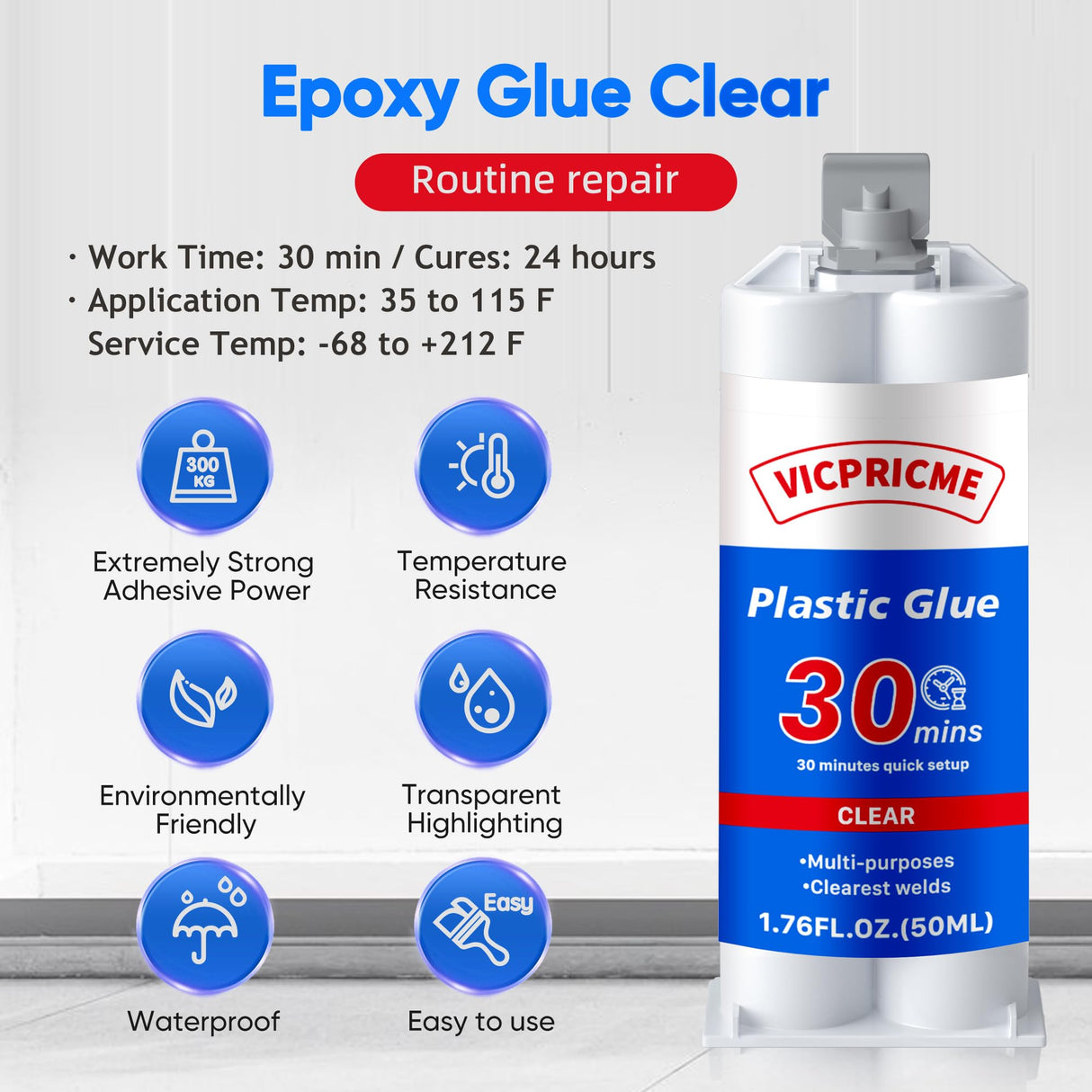 VICPRICME Plastic Glue,1.76oz Clear Epoxy Glue,All Purpose Repair Glue, Can Bond Metal, Wood, Glass, Fiberglass, Carbon Fiber, Most Plastics, Rubber, with Extremely high Shock Resistance. (1) vicpricme