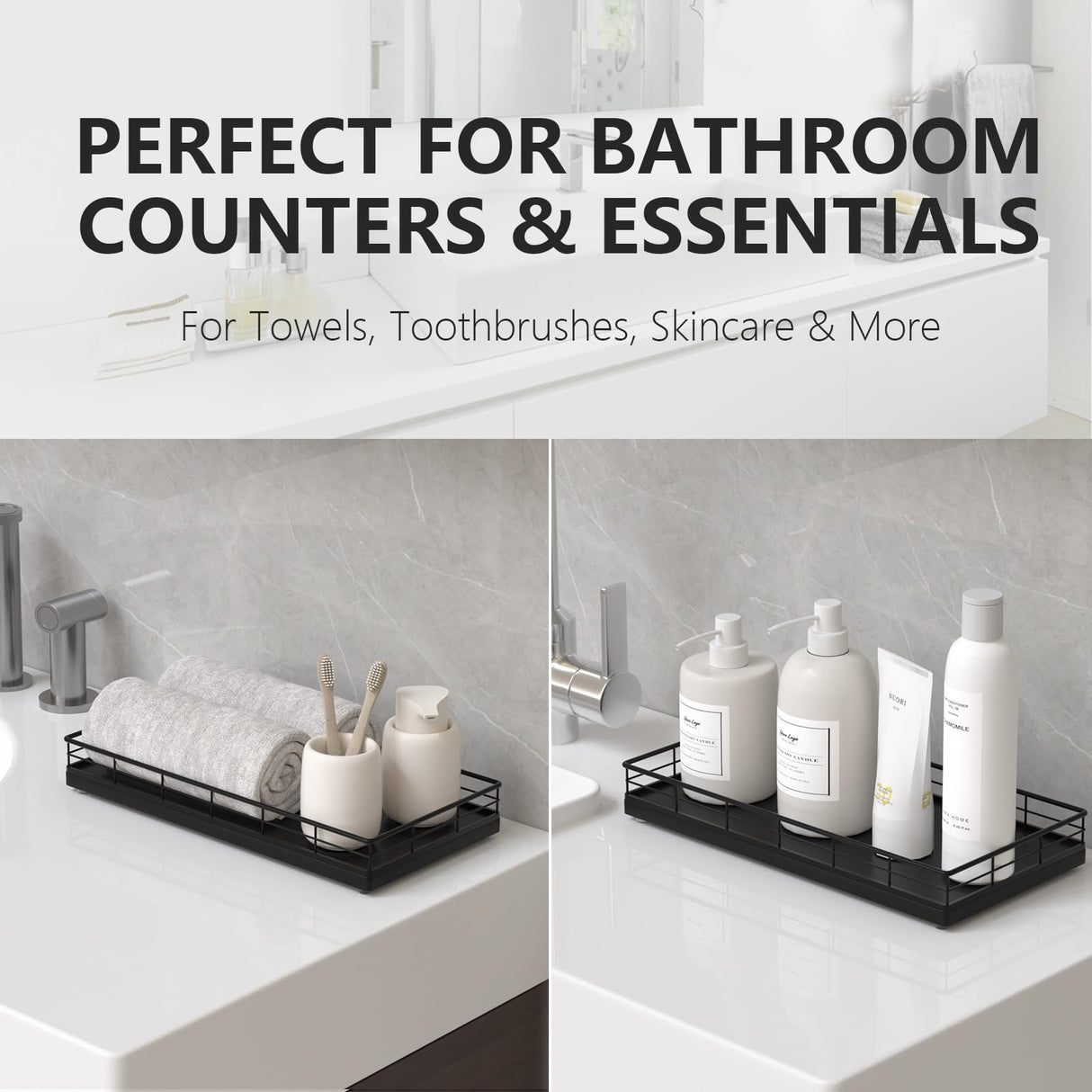 Toilet Paper Basket Organizer – Oak Wood Toilet Tank Tray with Metal Frame, Back of Tank or Top Bathroom Counter Storage – Black Modern Decor Focusonit