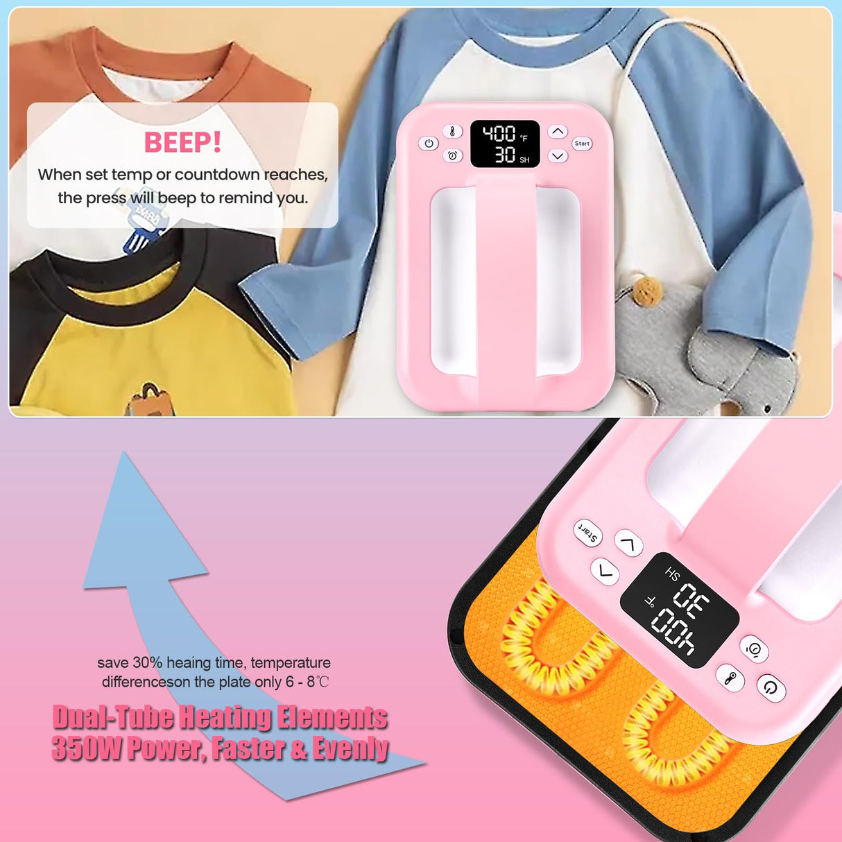 Whubefy Smart Heat Press Machine for T Shirts 7x5 Portable APP Control Easy Press Dual-Tube Fast Heat Up w/Insulated Base & Ceramic-Coated Heat Plate, Built-in Bluetooth Mini Iron for Small Projects Whubefy