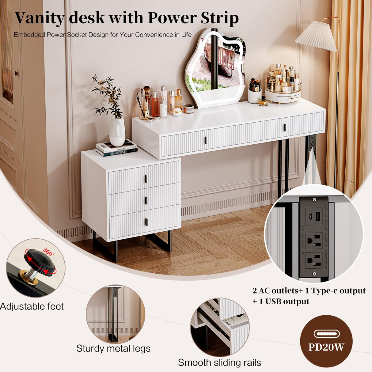 Ieejdn White with plug,Large Vanity Desk with 3 Color Touch Screen Dimming Mirror, Modern Retractable Makeup Dressing Table with Adjustable Cabinet and 5 Sliding Drawers,Vanity Table with Power Strip Ieejdn