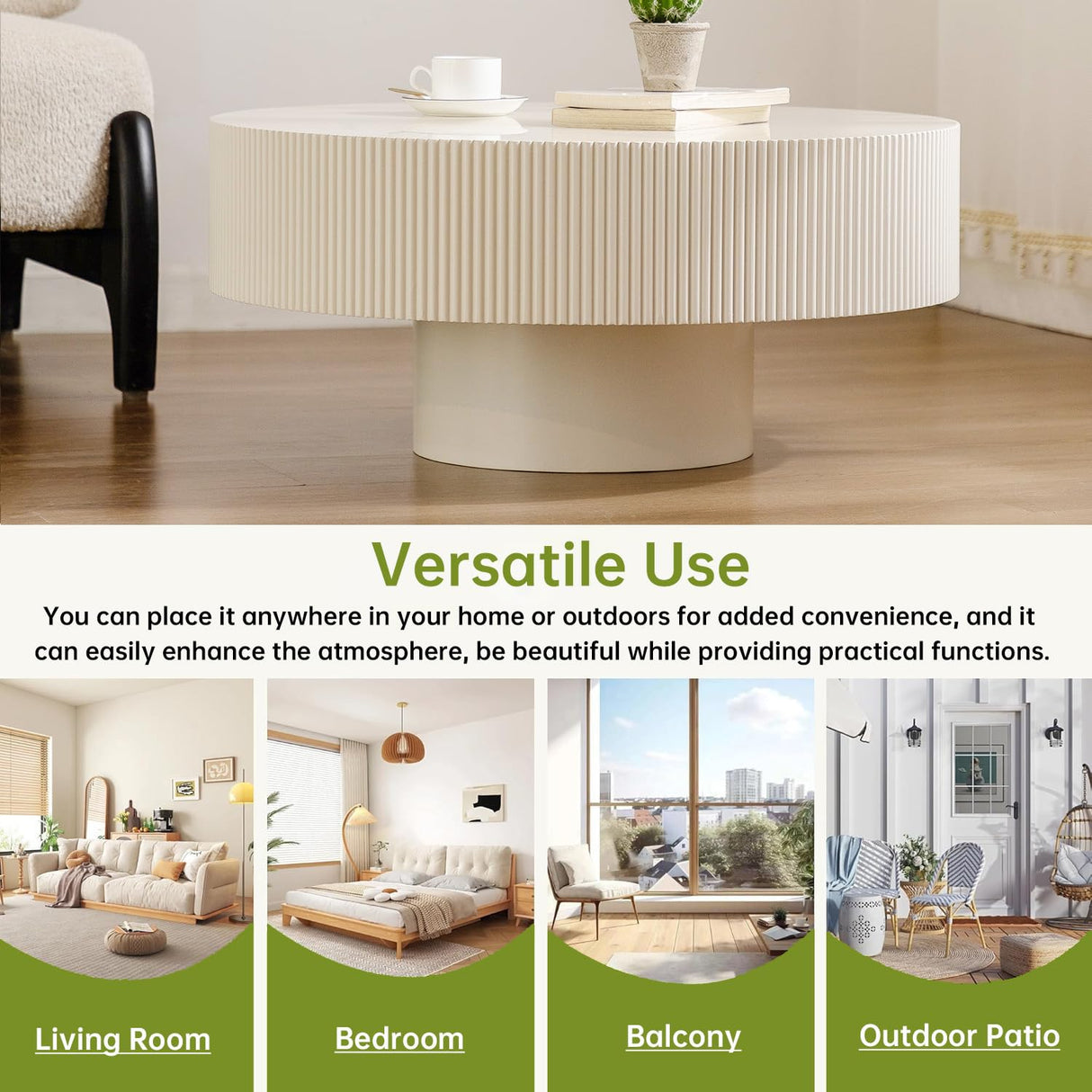 WUPDPQS Round Drum Coffee Table White Round Fluted Coffee Table Wood Circle Coffee Table Circular Pedestal Coffee Table Industrial Center Table for Farmhouse Living Room (White, 30.9 * 30.9 * 13.8") WUPDPQS