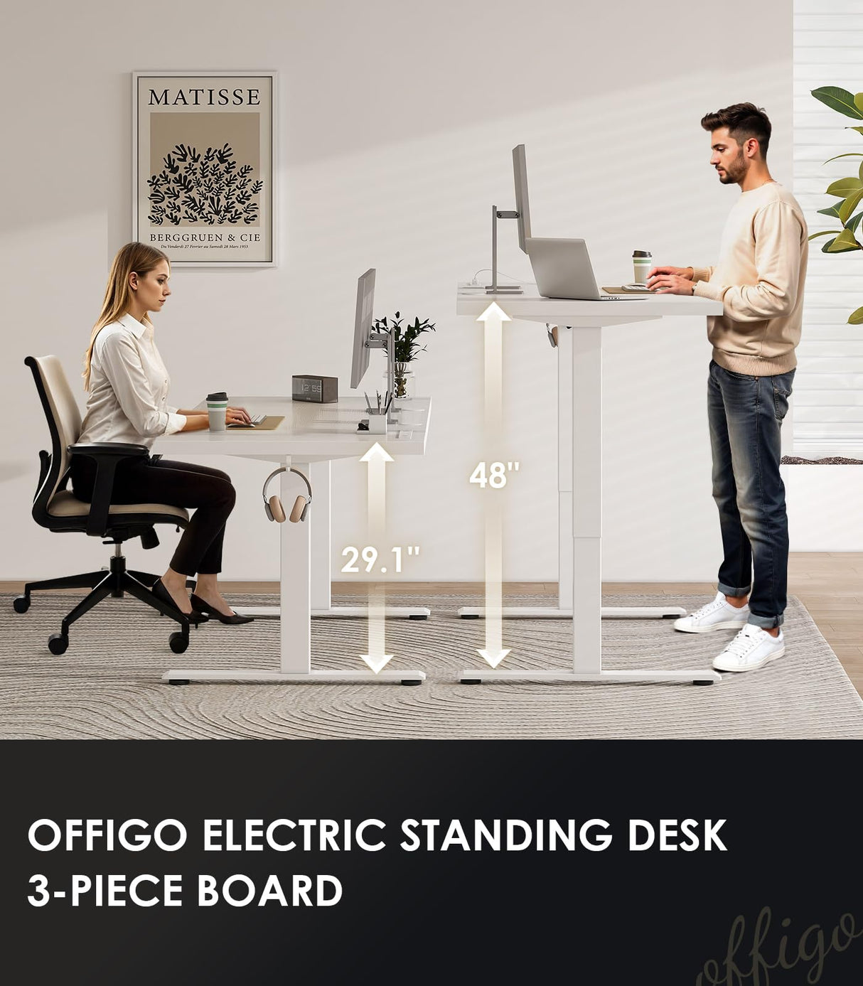 OffiGo Electric Standing Desk with 3-Piece Board, 71 Inch Height Adjustable Large Table with Power Outlets, Sit Stand Table, Writing Computer Desk for Home, Office, Workstation, White OffiGo