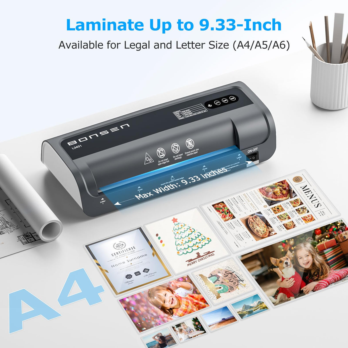 BONSEN A4 Laminator Machine, 9.33-Inch Thermal Laminator with Never Jam Technology, 100 Laminating Sheets, Laminates Photos Cards Documents, 4-in-1 Personal Laminators for Teachers Home Office School BONSEN