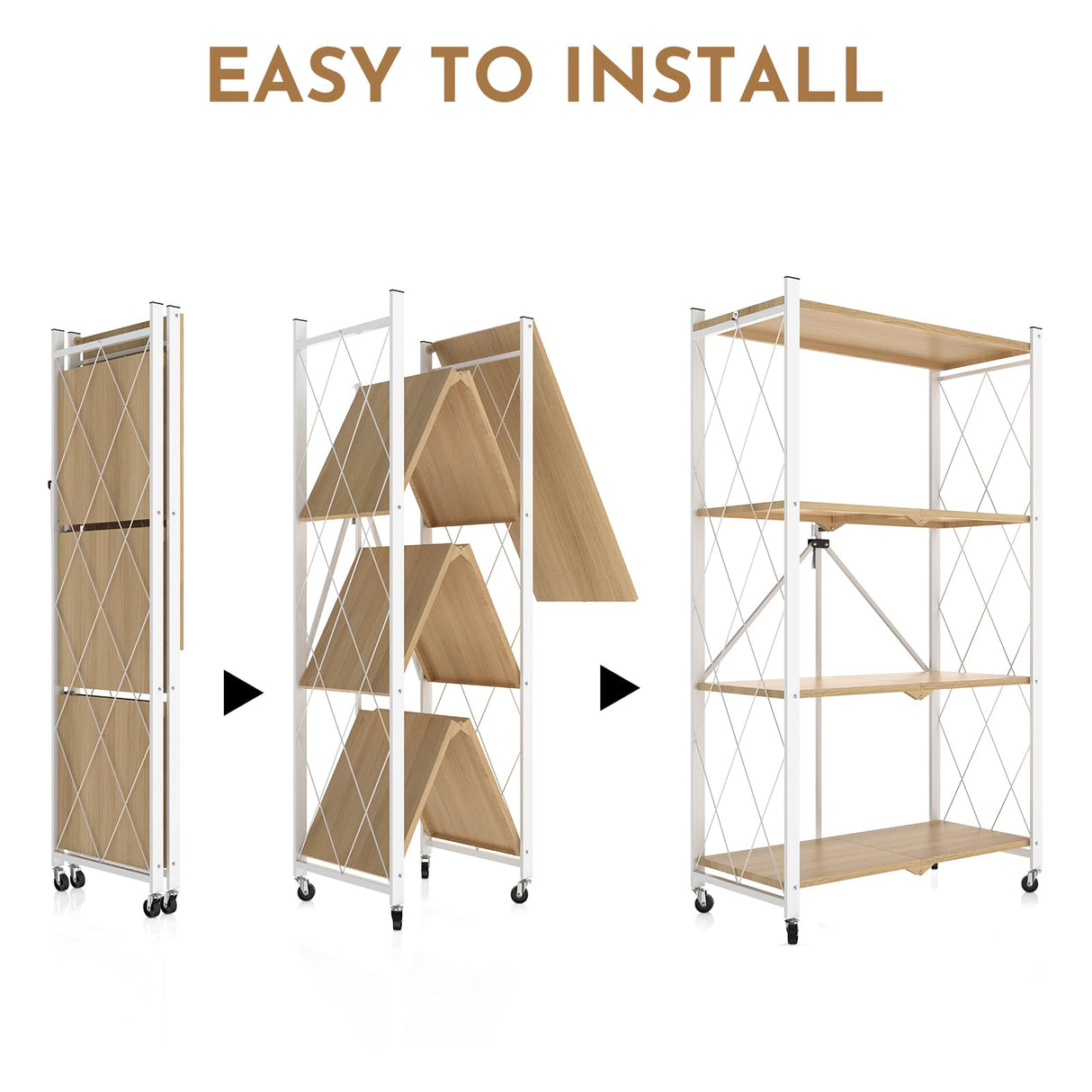 4 Tier Foldable Storage Shelf with Wheels,Folding Shelving Loads 400 LBS,No Assembly Bookshelf,Metal Shelving Units Storage for Garage,Living Room,Kitchen,Pantry, Office(27.9 x 13.3 x 49 in,White) FREGREE