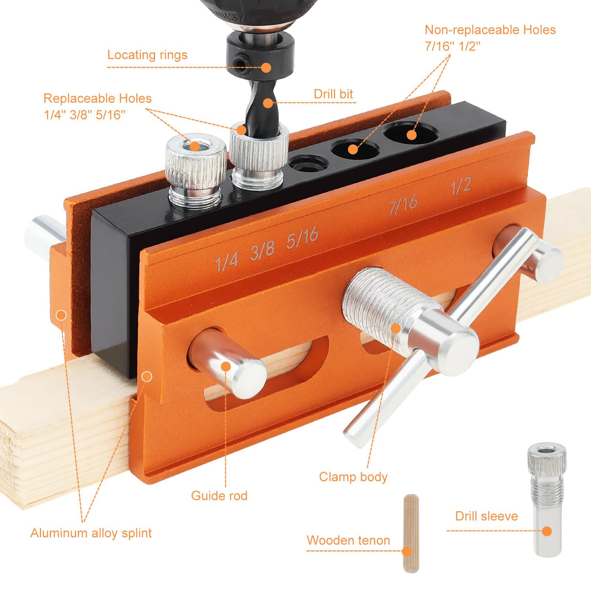 Omninmo Self Centering Doweling Jig, Adjustable Width Dowel Jig Kit for Straight Holes, Biscuit Joiner Set with 3 Drill Bits, 6 Drill Guide Bushings, 30 Wooden Dowels Omninmo