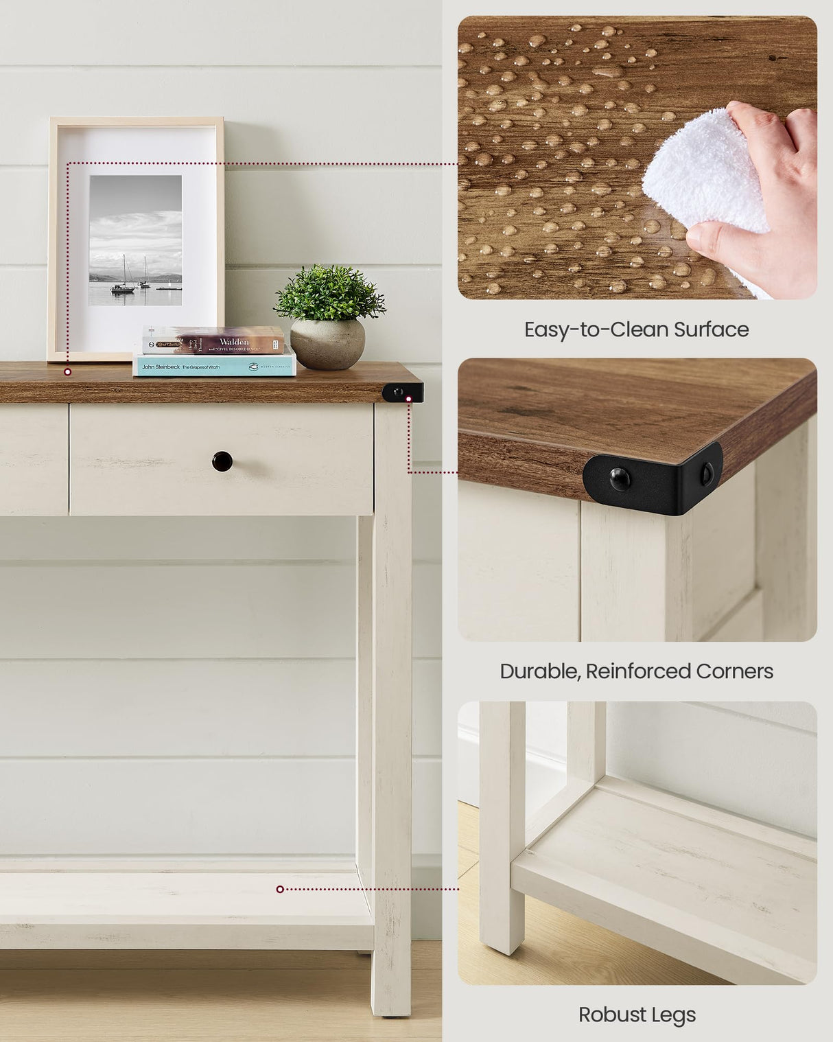 VASAGLE Console Table, Sofa Table, Narrow Entryway Table, Entry Table with 3 Drawers, Open Storage Shelf, Metal Corners, for Living Room, Farmhouse Style, Honey Brown and Rustic White ULNT142WJ02S VASAGLE