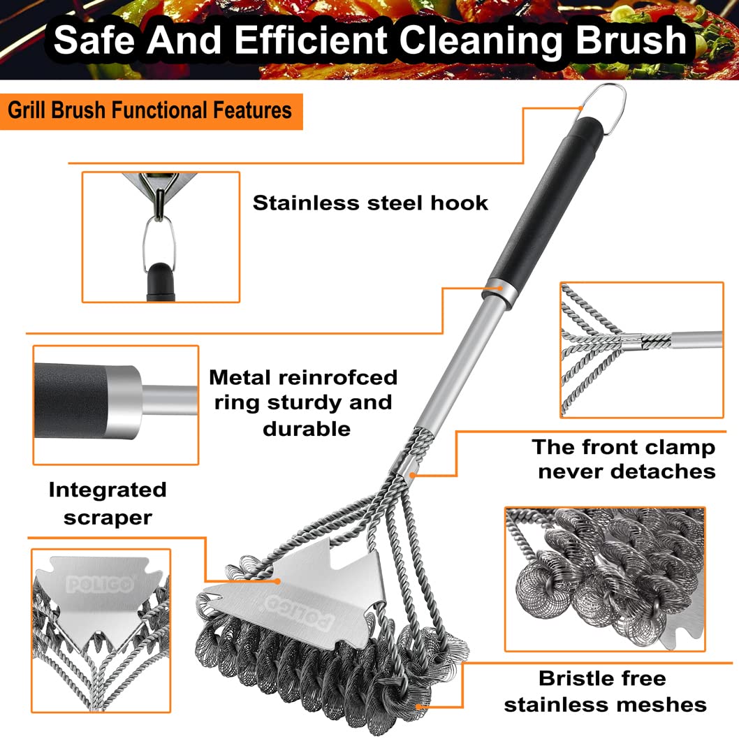 POLIGO 18" Grill Cleaner Brush Safe Grill Brush and Scraper Bristle Free - Stainless Steel BBQ Brush for Grill Cleaning - Wireless Grill Brush with BBQ Scraper for Grill - Gifts for Grill Wizard POLIGO