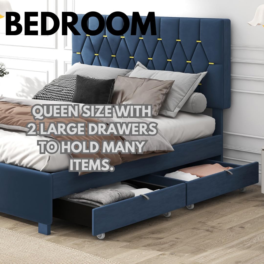 KEIKI Upholstered Queen Size Platform Bed with Trundle and Drawer, Velvet Fabric Bed Frame with Wood Slats/Save Space for Kids Teens Adults Bedroom, Modern Design, No Spring Box Required, Blue KEIKI