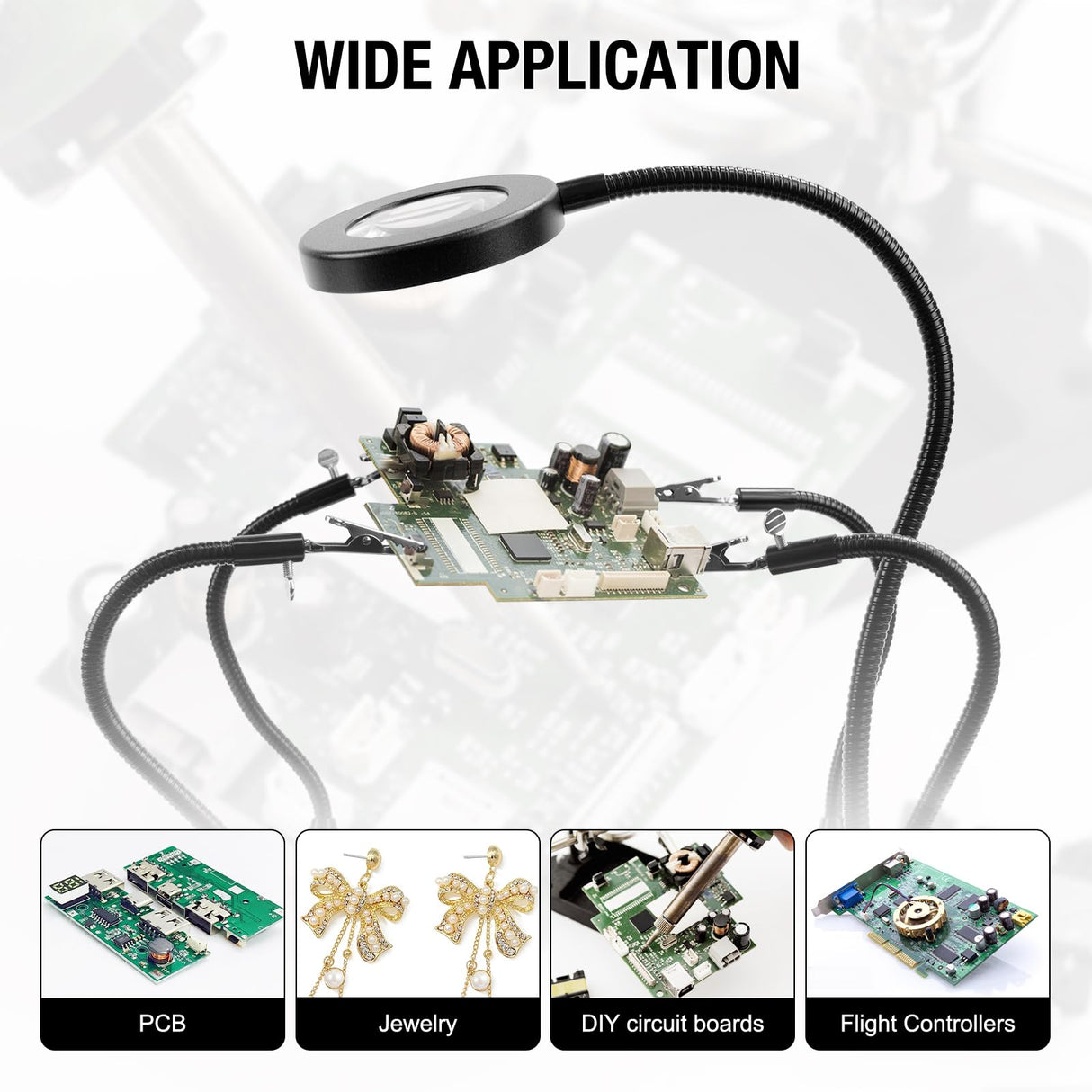 Magnetic Helping Hands Soldering Station with 4 Flexible Helping Hands, 5X Magnifying Glass and Adjustable Light with 4 Magnetic PCB Holder on Large Non-Slip Base for Electronic Repair OBDMONSTER