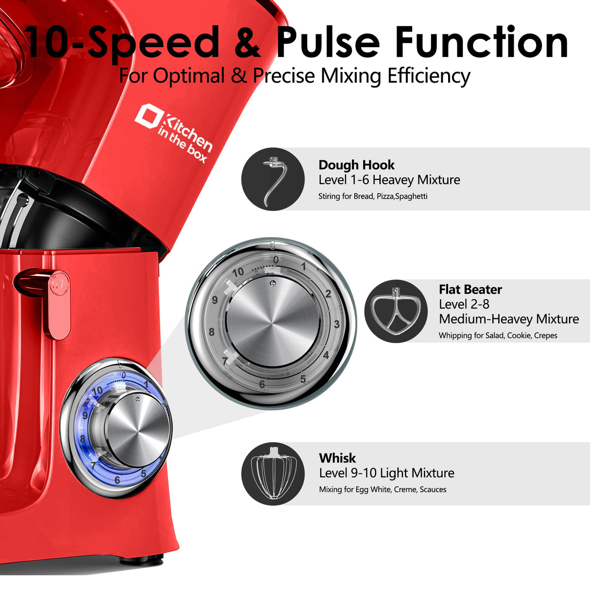 Kitchen in the Box Stand Mixer, 900W 8.5 QT Kitchen Electric Mixer, 10-Speed Large Capacity Tilt-head Food Mixer with Dough Hook, Wire Whip, Flat Beater & Splash Guard (Red) Kitchen in the box