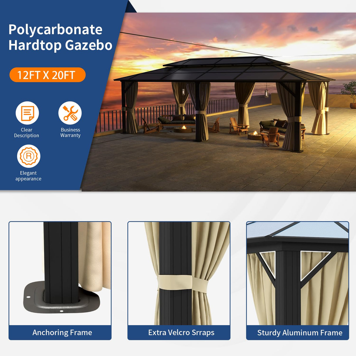 Jolydale 12FTx20FT Hardtop Gazebo, Outdoor Polycarbonate Double Top Canopy, Aluminum Frame Permanent Pavilion with Netting and Curtains, Sunshade for Patio, Garden, Lawns Jolydale