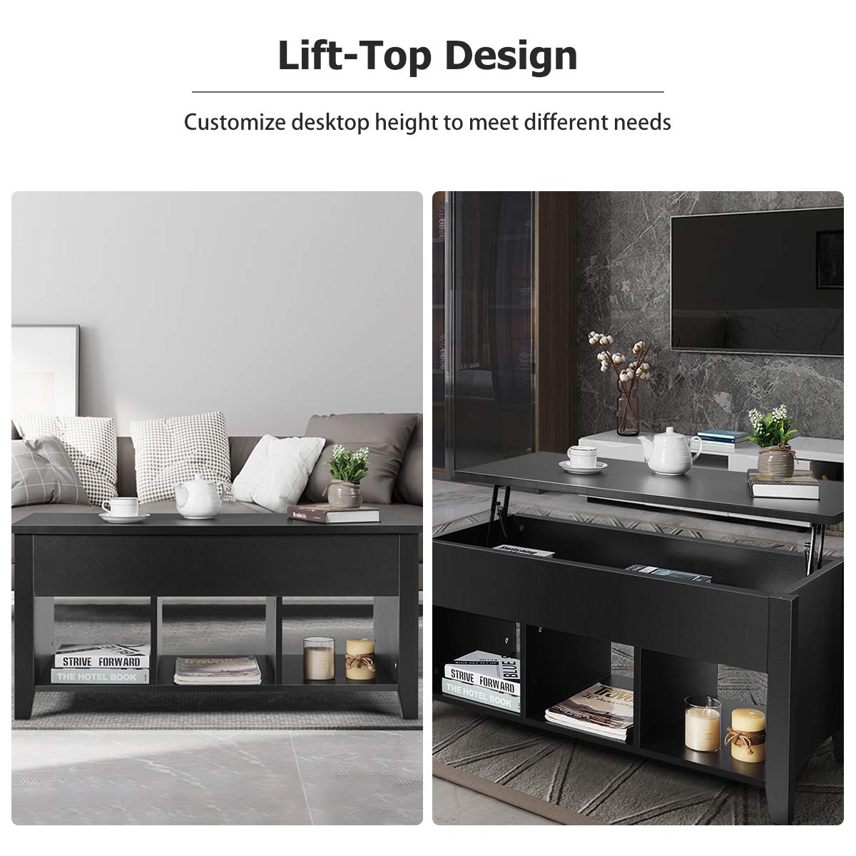 Tangkula Lift Top Coffee Table, Wood Home Living Room Modern Lift Top Storage Coffee Table w/Hidden Compartment Lift Tabletop Furniture (Black) Tangkula