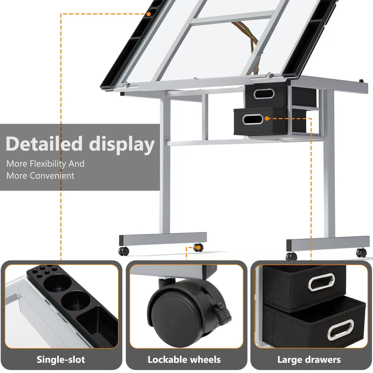 OS MOTOR Adjustable Drafting Table with Glass Top, Art Craft Desk with Slide-Out Drawers, Rolling Wheels, Storage, for Drawing, Writing, Painting, and Creative Tasks, Ideal for Home Office OS MOTOR