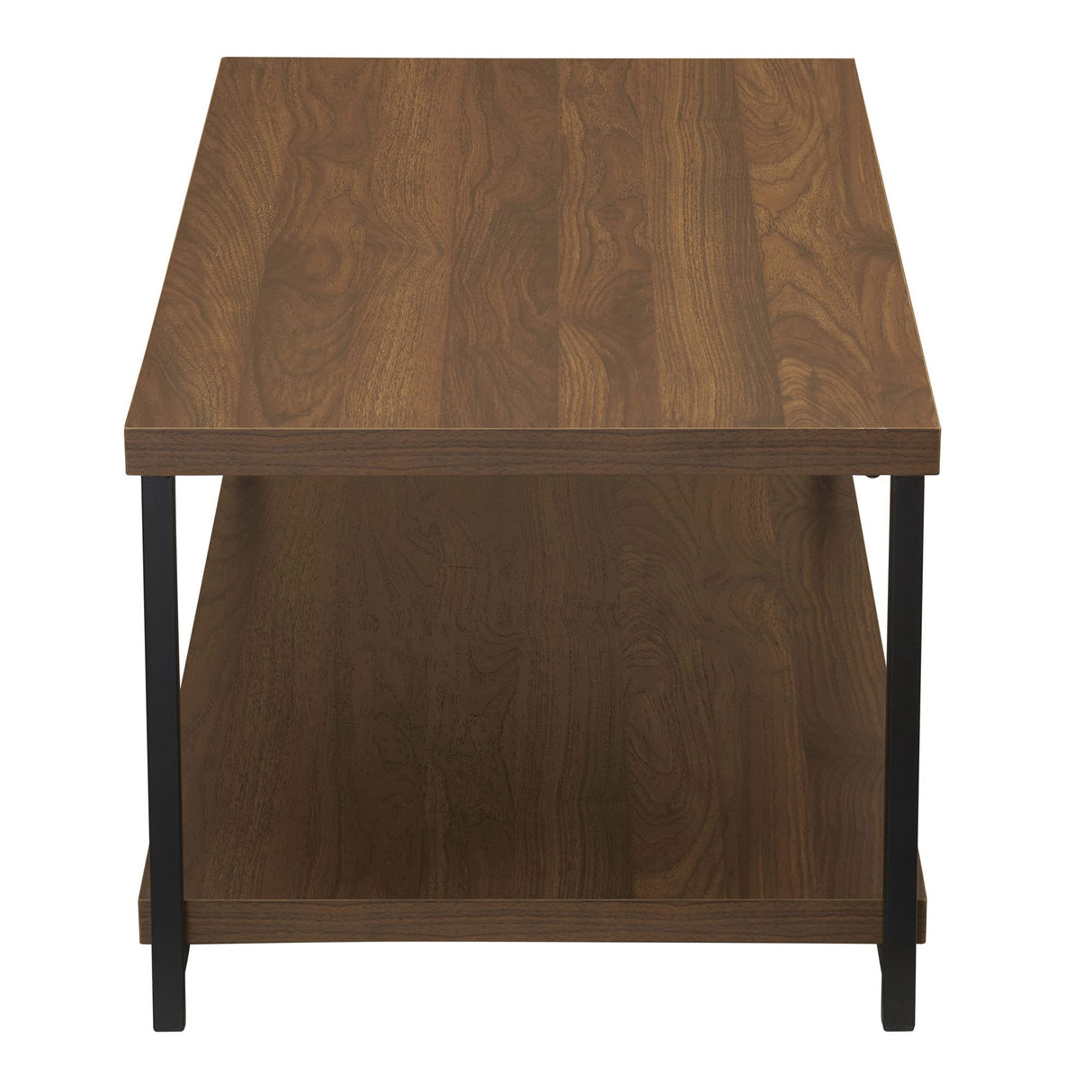 Household Essentials Jamestown Rectangular Coffee Table with Storage Shelf Mid Century Walnut Wood Grain and Black Metal Household Essentials