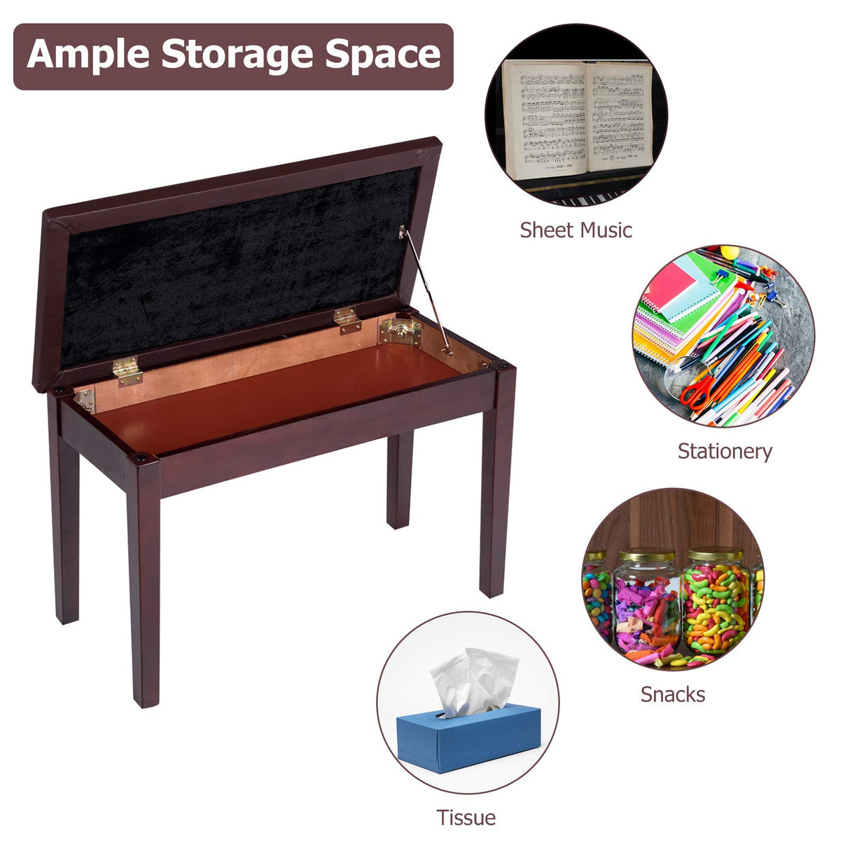GOFLAME Brown Faux Leather Piano Bench, Solid Wood Construction, Padded Cushion Seat, Hidden Music Storage, Duet Size, Multi-functional Uses GOFLAME