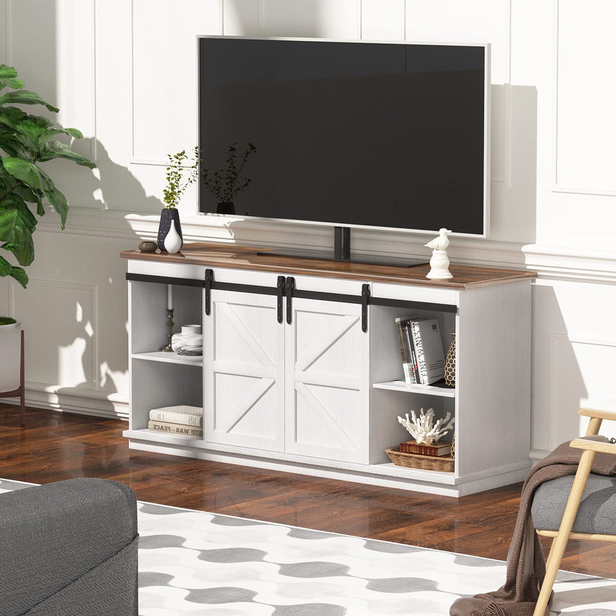 YESHOMY Farmhouse TV Stand for Televisions up to 65 Inches, Sliding Barn Doors and Storage Cabinets, Console Table and Media Furniture for Living Room, 58 Inch, White YESHOMY