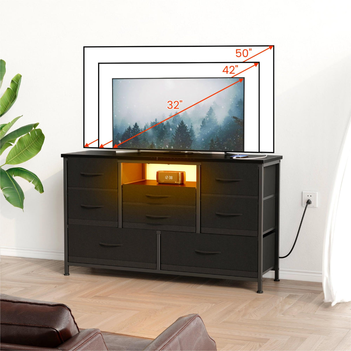 Jojoka 8 Dresser TV Stand with Power Outlet & LED for 55'' TV, Long Dresser for Bedroom with 8 Deep Drawers, Wide Console Table for Storage in Closet, Living Room, Entryway, Wood Top Jojoka