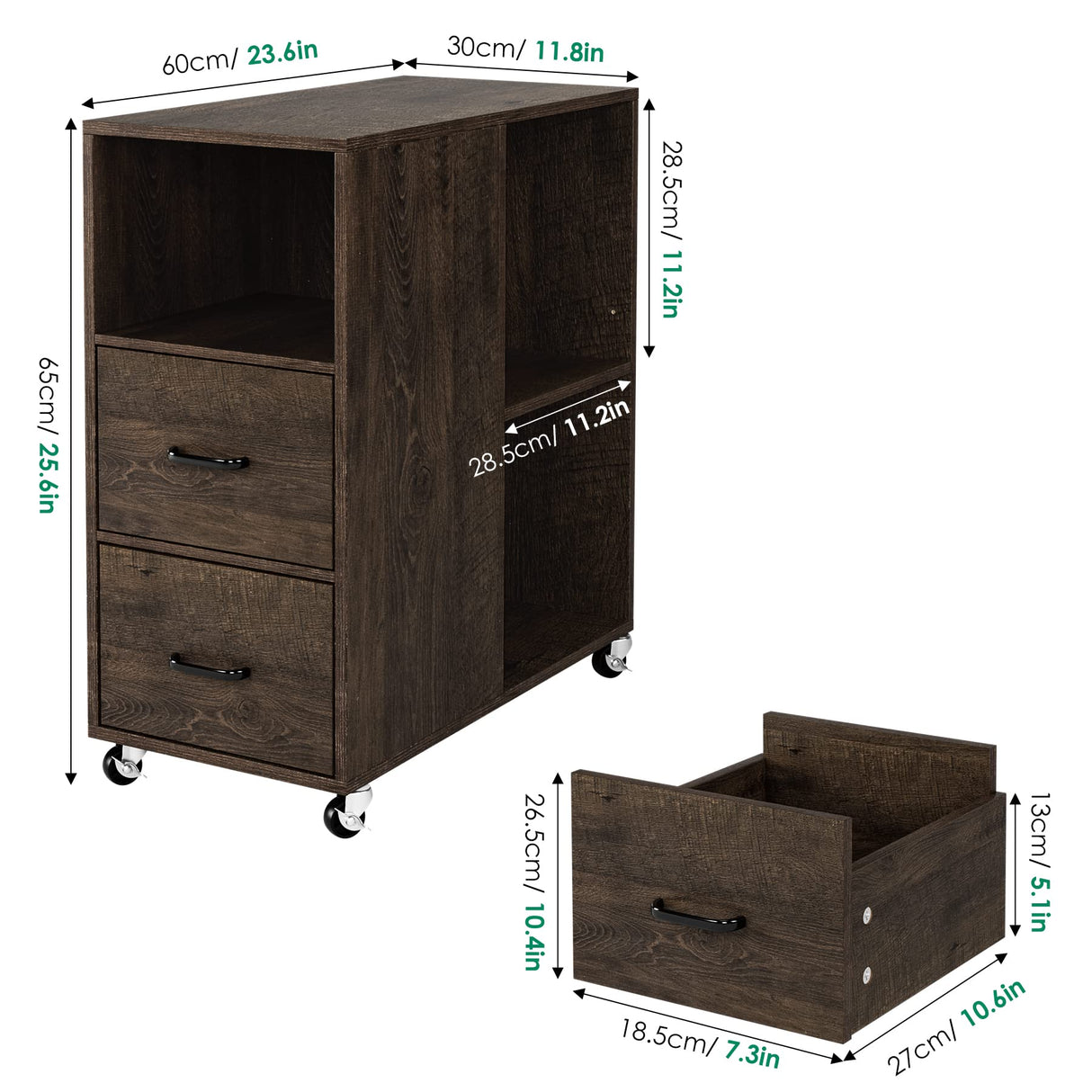 HOSTACK End Side Table, Narrow Nightstand with Storage Drawers and Adjustable Shelf, Rolling Bedside Table for Bedroom, Living Room, Home Office, Dark Brown HOSTACK