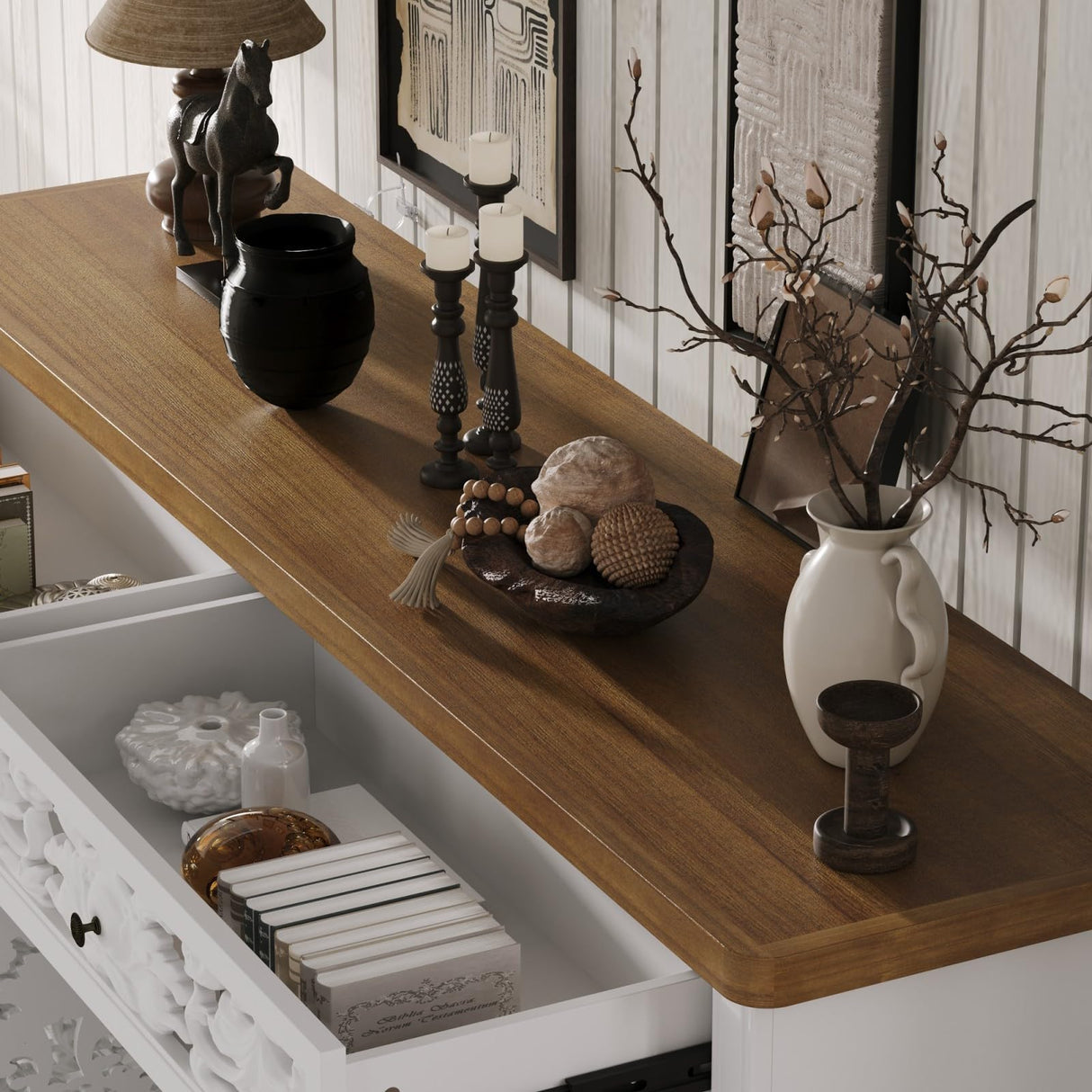 JOIKUJIA Wide Accent Cabinet with 4 Carved Doors & 2 Drawers, Vintage Hollow Carving Sideboard with Brown Tabletop, Farmhouse Buffet Cabinet, White and Brown 63”W x 15.7”D x 31.9”H JOIKUJIA