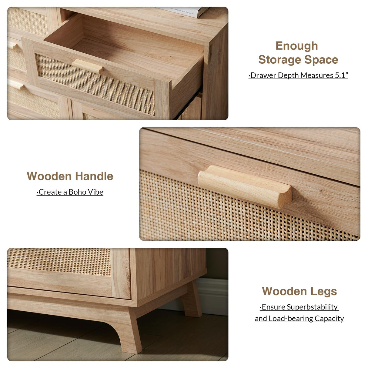 Okvnbjk 6 Drawer Dresser for Bedroom, Rattan Dressers & chests of Drawers with Wood Handles, Boho Chest of Drawers for Bedroom, Living Room and Entryway, Oak Okvnbjk