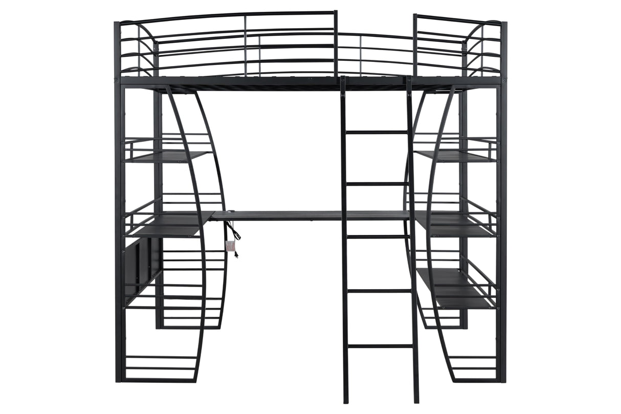 DNYN Full Size Loft Bed with Desk & Shelves & Sockets & USB Ports & Wireless Charging Design,Sturdy Metal Bedframe w/Ladder & Safety Guardrails,Perfect for Dorm,Bedroom,Guest Room, Black DNYN