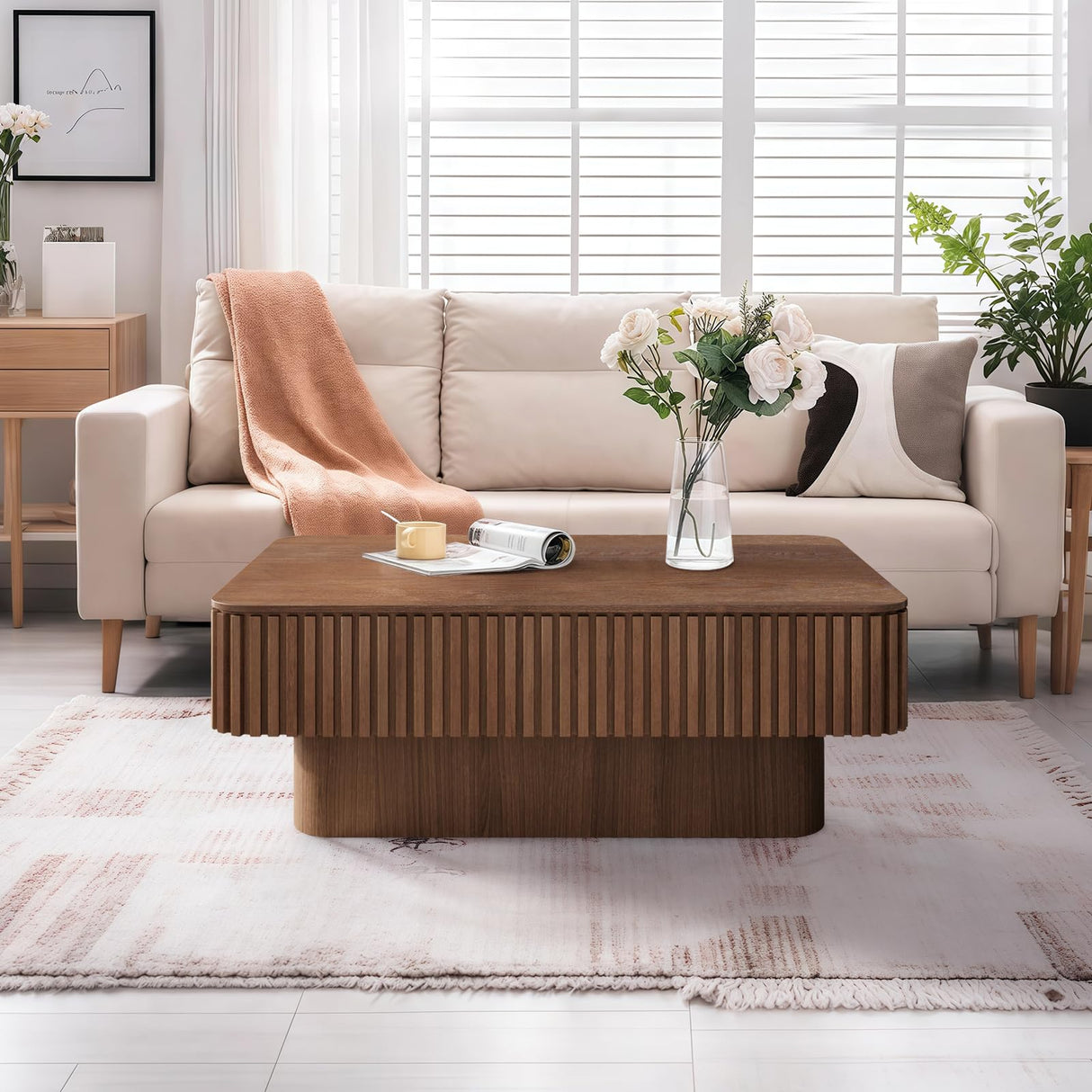 LKTART 38.6''Walnut Fluted Lift Top Coffee Table Modern Handcraft Drum Wooden Solid Wood Veneer Tea Table for Living Room Apartment(Hidden Storage) LKTART