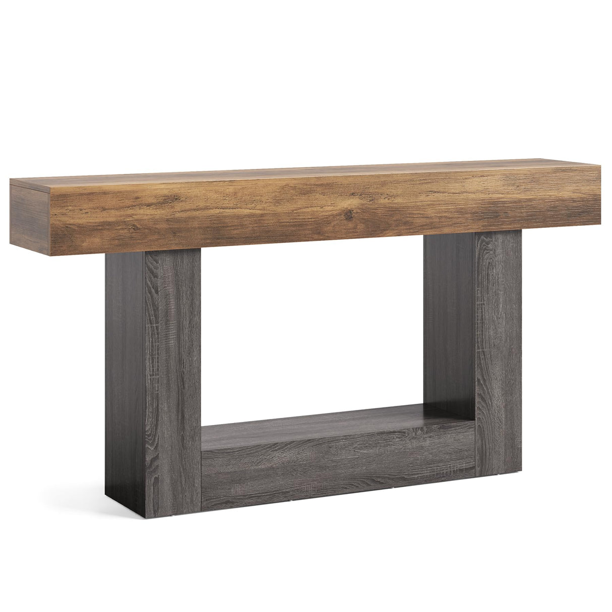 LITTLE TREE 63 Inches Long Console Table, 2-Tier Farmhouse Sofa Table Behind Couch, Large Narrow Entryway Table for Living Room, Wooden Hallway Foyer Table with Heavy Duty Base, Rustic Brown and Grey LITTLE TREE