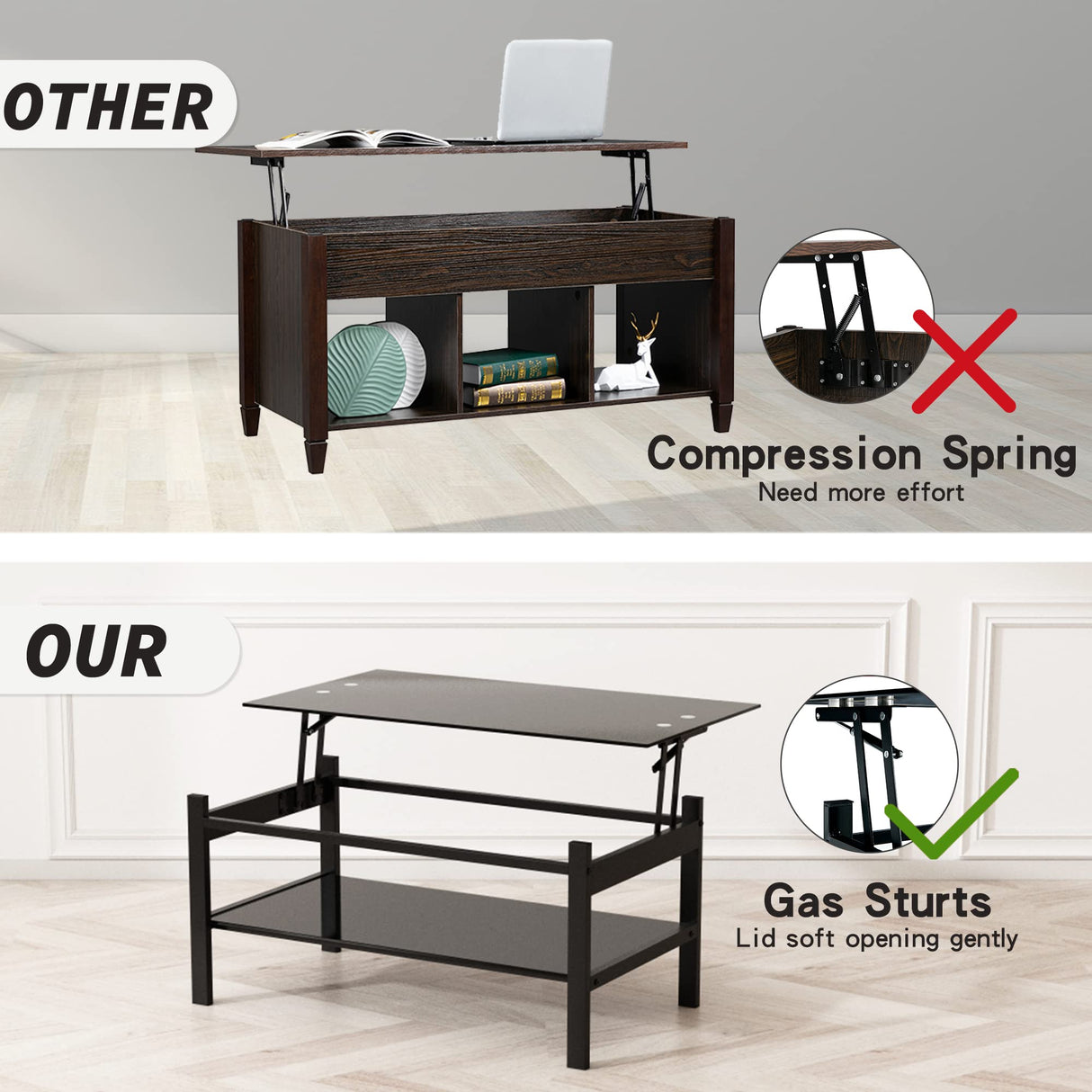 Meihua Lift Top Glass Coffee Table with Storage Compartment and Separated Open Shelves, Lift Tabletop for Living Room Home, Office, Black Meihua