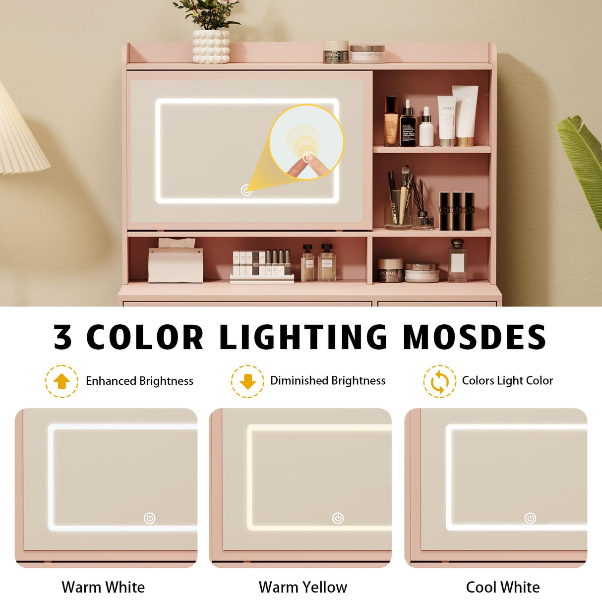 Viaozutis Vanity Desk with a Mirror and Lights,with Chair and Four Drawers, Three Adjustable Lighting Modes,with Power Outlet and Sliding LED Mirror,Bedroom Vanity Desk (Pink) Viaozutis