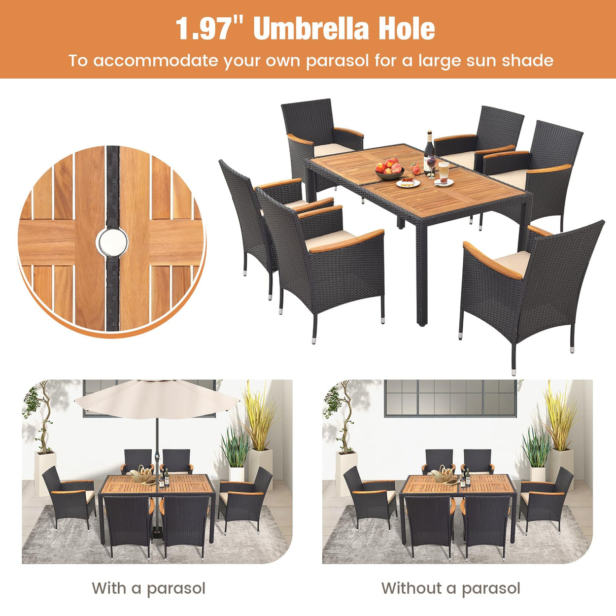 HAPPYGRILL 7 Pieces Outdoor Dining Set, Patio Conversation Set with Umbrella Hole, Acacia Wood Tabletop & Seat Cushions, Dining Table with 6 Rattan Wicker Chairs for Backyard Poolside Deck HAPPYGRILL