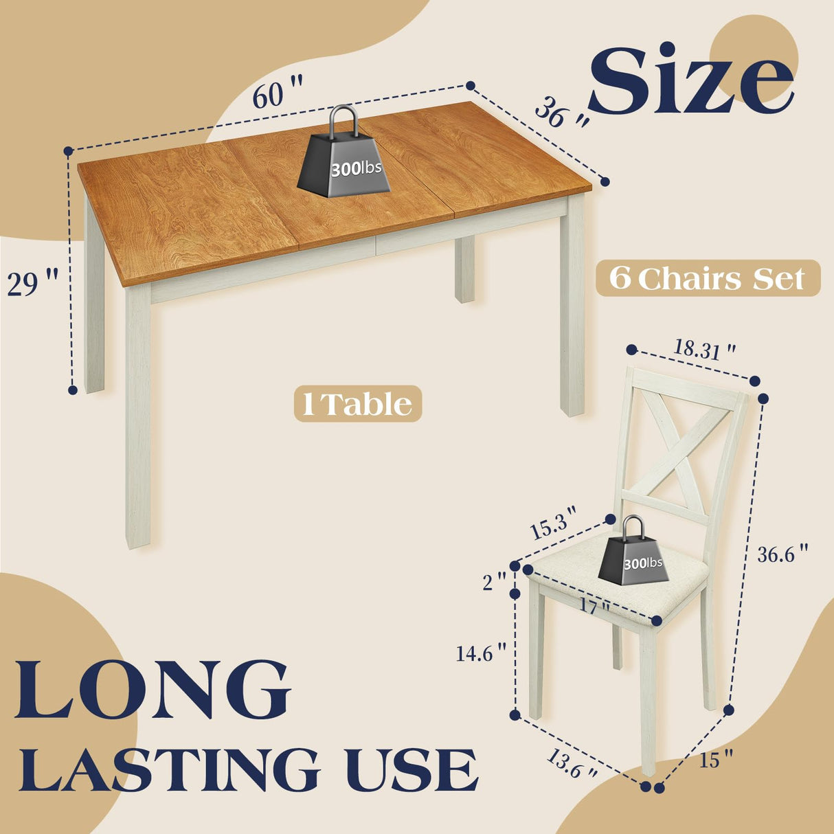 YUMPIE 7-Piece Dining Table Set for 6 People, 60" Wood Dining Kitchen Table & Chairs Set, Kitchen Table with Upholstered Chairs, Perfect for Restaurant YUMPIE