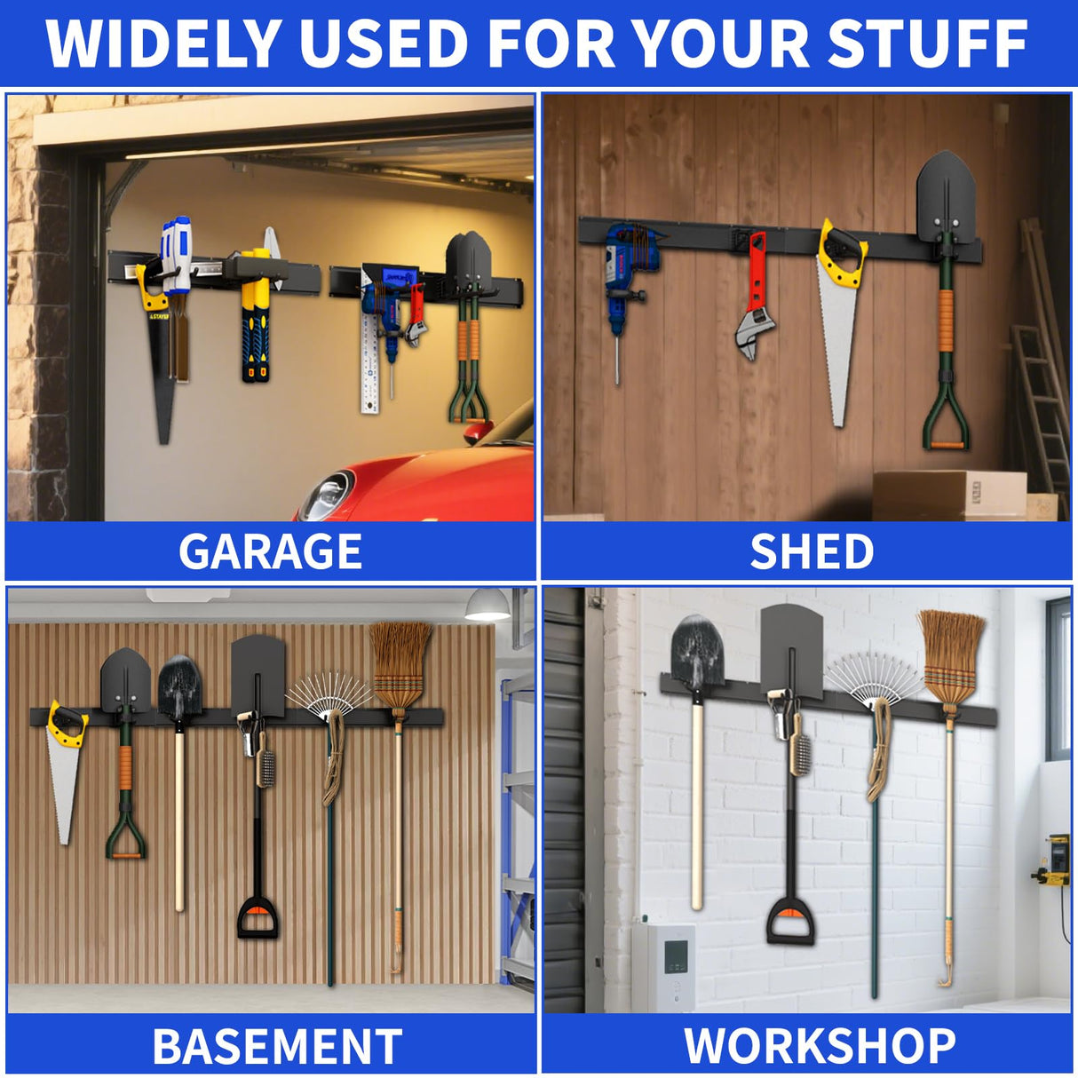 CRXCRC Garage Tool Organizer Wall Mount, 48inch Heavy Duty Garden Tool organizer Storage System, Easy Install With 6 Adjustable Straight Hooks, For Garage, Basement, Shed, Workshop(Black) CRXCRC