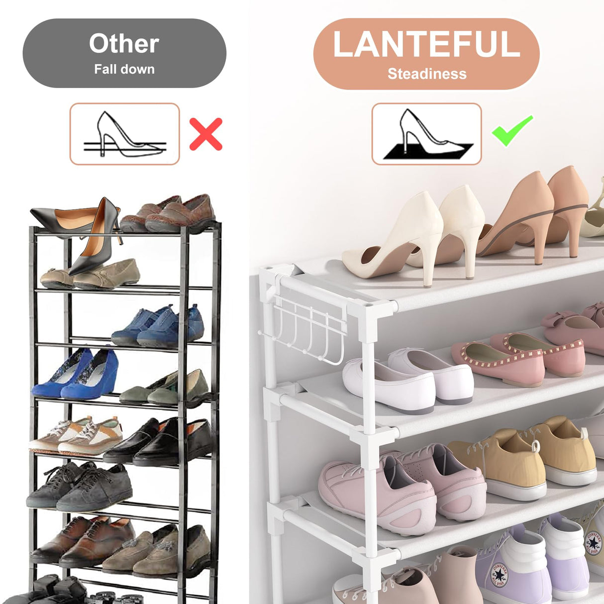 LANTEFUL 10 Tiers Shoe Rack 50 Pairs Large Capacity Tall Shoe Organizer Sturdy Shoe Storage with Two Hooks Space Saving Metal Wide Shoe Rack for Closet, Entryway, Bedroom, White LANTEFUL