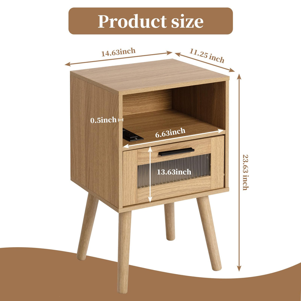 23inch Nightstand with Charging Station,2 AC outlets and 2 USB Ports, Mid Century Modern Nightstand, Bedside Tables for Bedroom, Natural Wood Side Table with Storage Drawer(Wood-1PCS) i-VTIES