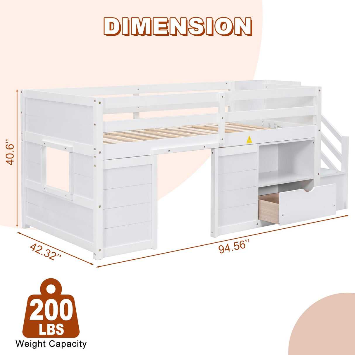 Osparple Twin Size Low Loft Bed, Kids Bed Frame with Shelf, Drawer and Stairs for Girls, Boys, Loft Bed with Storage, Strong Wood Slats Support, White Osparple