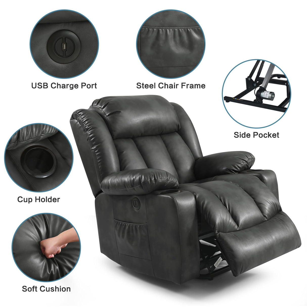 PARKOL Power Lift Recliner Chair for Elderly Breathable Leather Recliner Chair with Massage and Heat,2 Cup Holders,Electric Stand Assist,USB Ports,Gifts for Family (Grey) PARKOL
