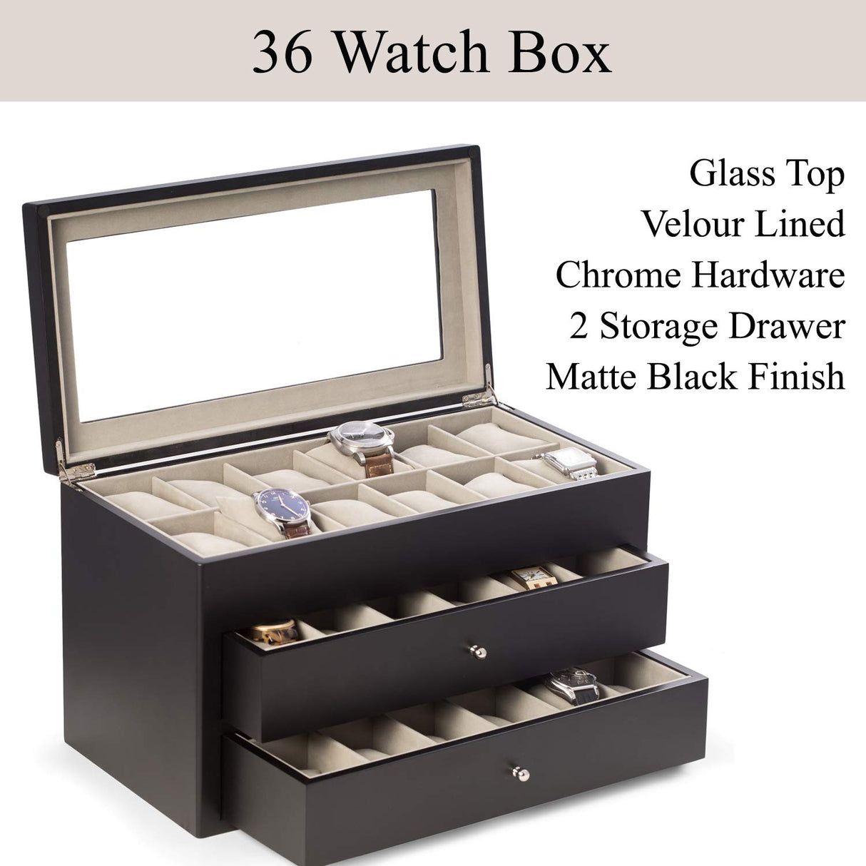 Bey-Berk Custom Personalized Watch Box Organizer - 36 Slot Luxury Solid Wood Designer Display, Large Watch Slots (Black) Bey-Berk