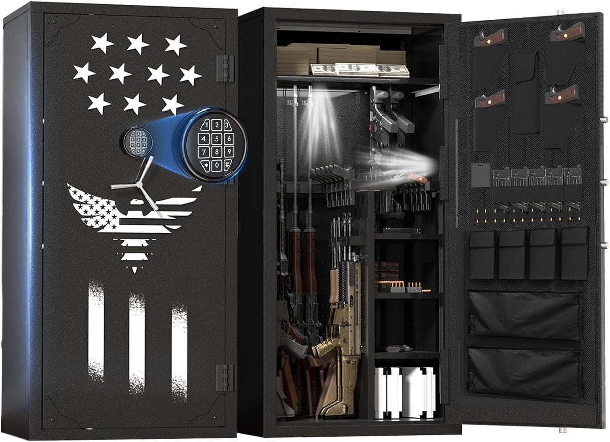 TTSITG Large Rifle Safe, 30-40 Gun Safe for Rifle and Shotgun/Rifle Pistol Rack/Storage Pocket/Removable Shelf/Silent Mode/External Battery/LED,180° Open Door Panel Organizer Gun Safe Unassembled TTSITG