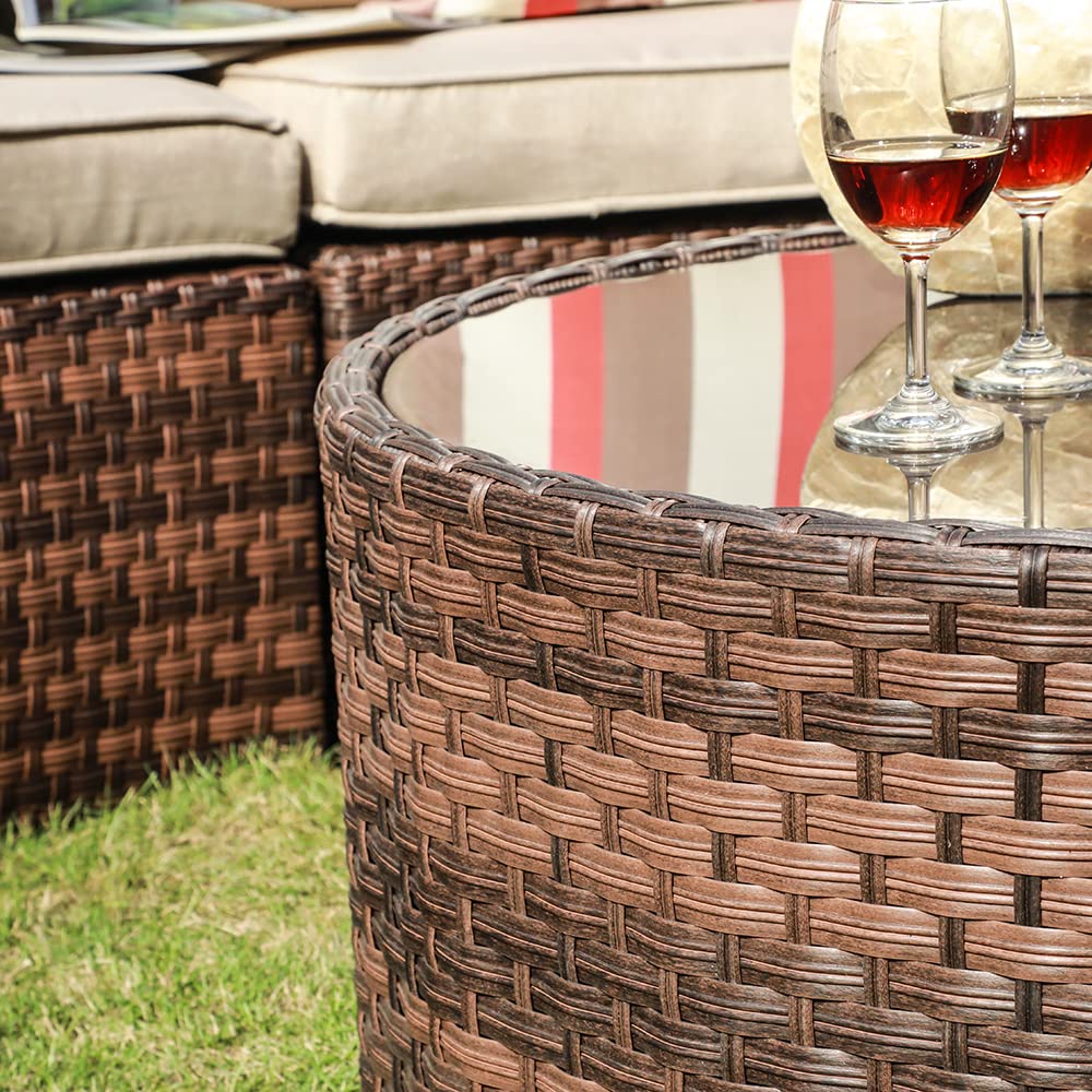 SUNSITT Round Outdoor Coffee Table with Tempered Glass Top, Rattan PE Resin Wicker Patio Side Table, Brown SUNSITT