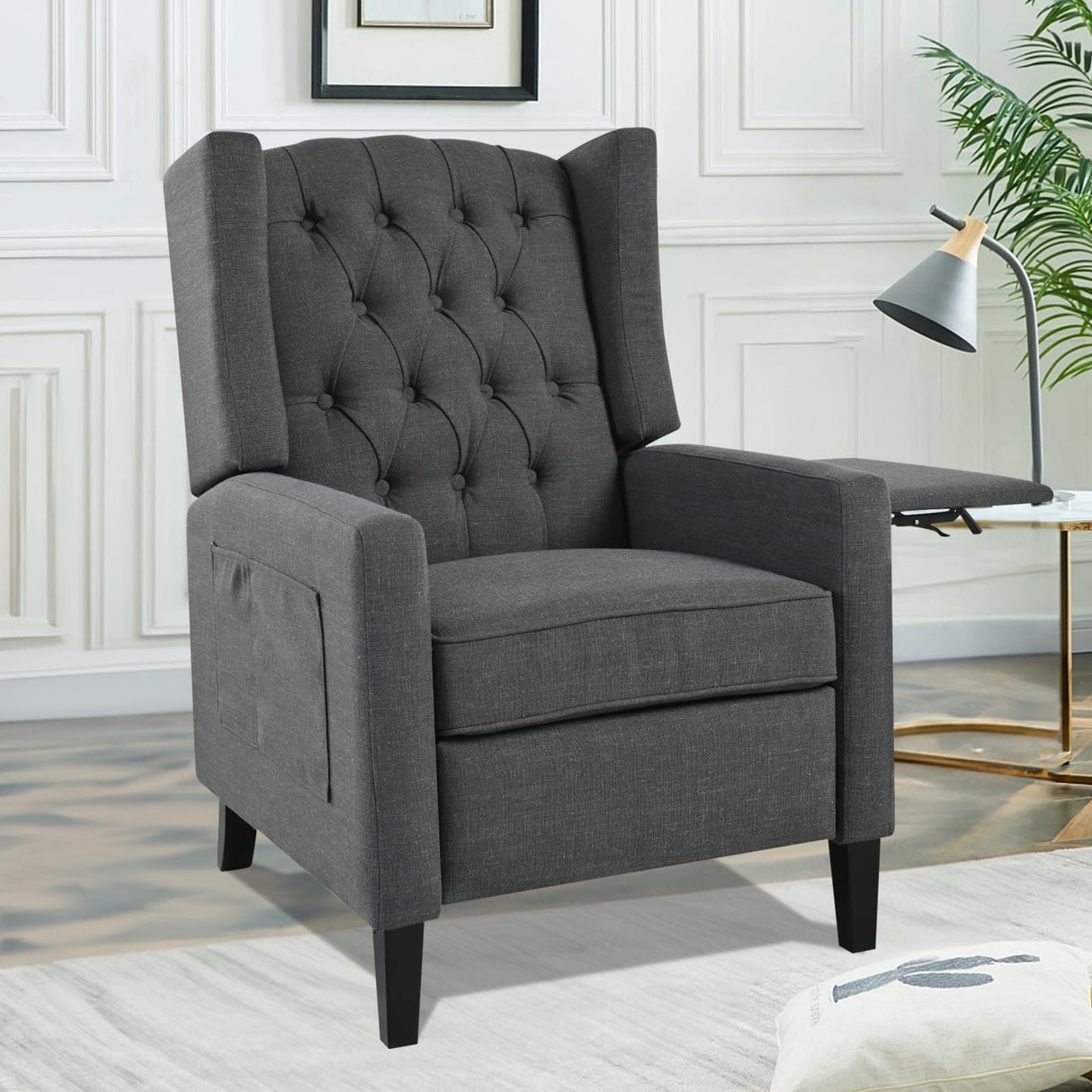 Vaztrlus Gray Manual Recliner Chair with Foldable Side Table USB Charger Wingback Tufted, Wall Hugger Recliners for Small Spaces, Living Room, Bedroom Inexpensive Lazy Boy Style Recliner Vaztrlus