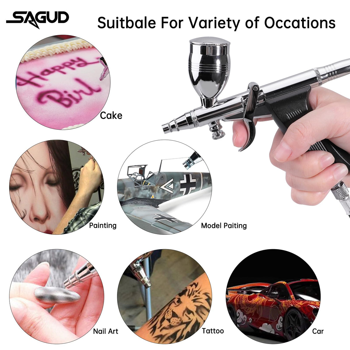 SAGUD Airbrush Gun Set Single Action Air Brush Pen 0.3mm with Extra 0.5 0.8 mm Needles,Airbrush Hose and 2CC/5CC/13CC Cup Kit SAGUD