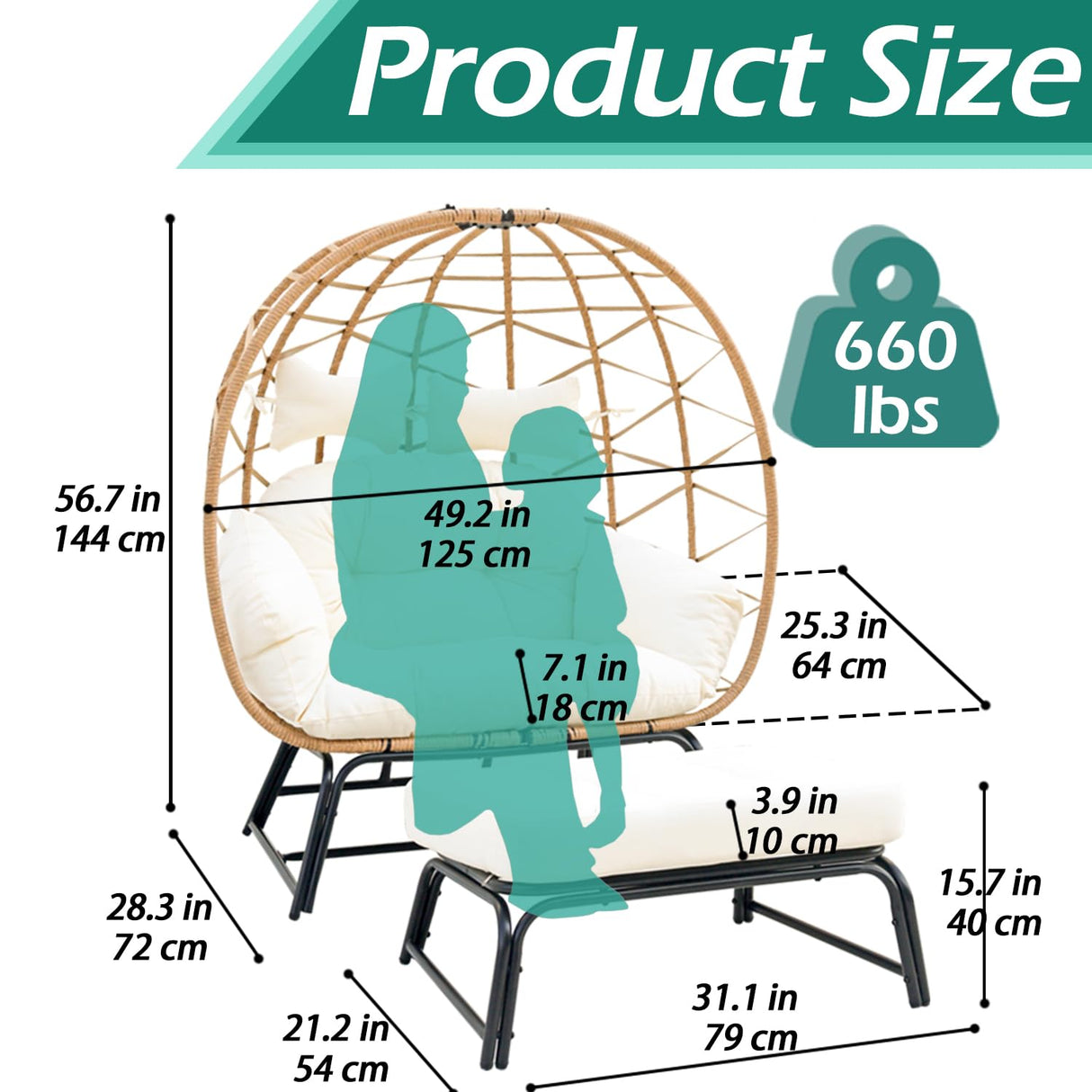 Nevsokio Double Wicker Outdoor Egg Chair,Lounge Chair with Ottoman,Oversized Patio Chair with Footrests,Cushions, Outdoor Indoor Rattan Chair (Webbing, White) Nevsokio