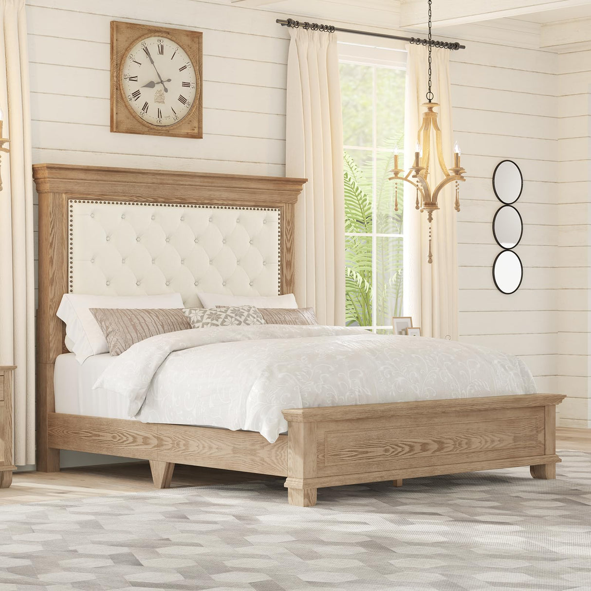 YUMPIE Queen Rustic Solid Wood Bed Frame With 68" Tall Headboard, Farmhouse Chenille Upholstered Panel Platform Bed Mattress Frame, Button Tufted/Antique Brass Nail Trim/No Box Spring Needed, Milk Ash YUMPIE