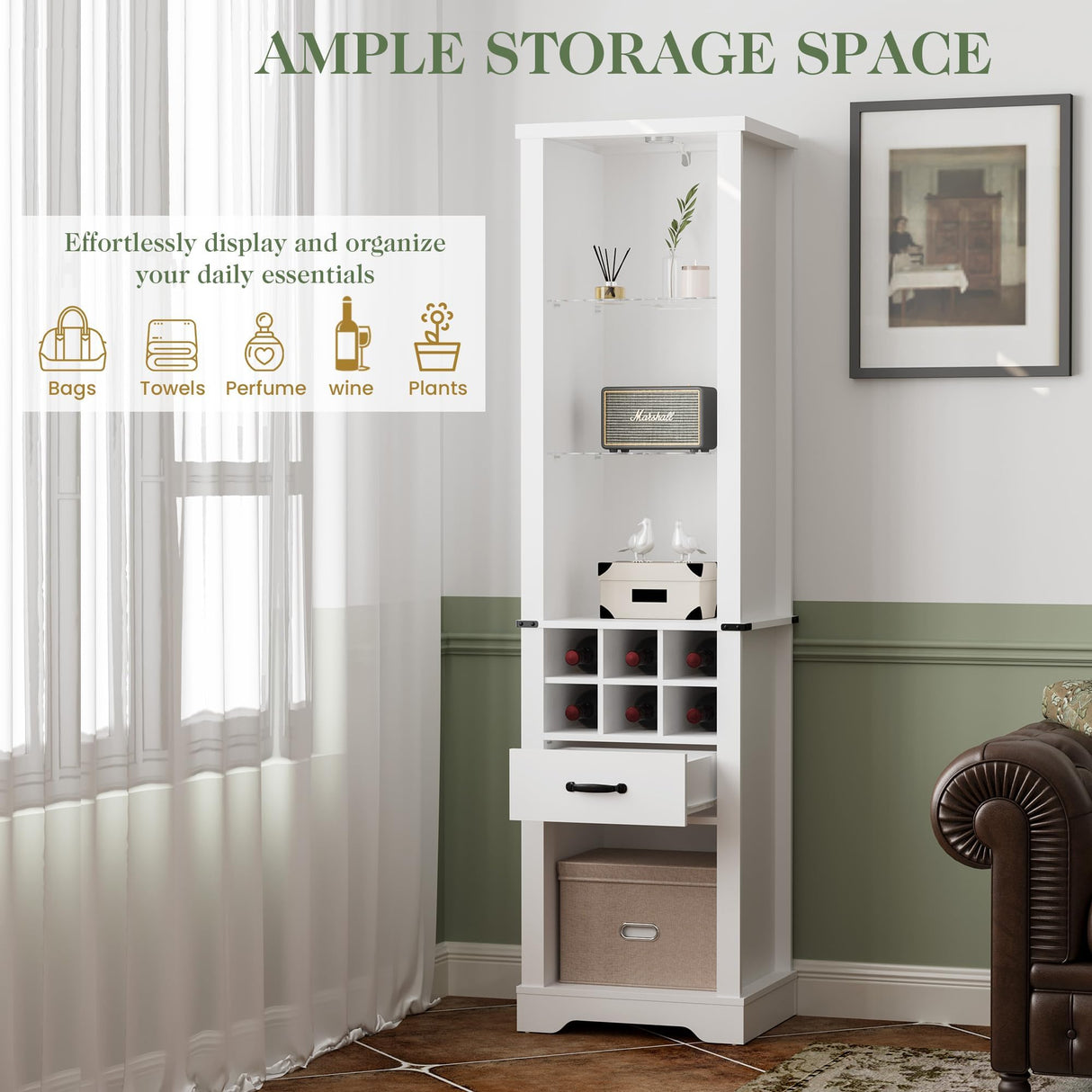 RoyalCraft 75'' Tall Storage Cabinet with LED Light, Farmhouse Pantry Cabinet with Tempered Glass Adjustable Shelves & Wine Storage Rack, Freestanding Linen Tower, White RoyalCraft