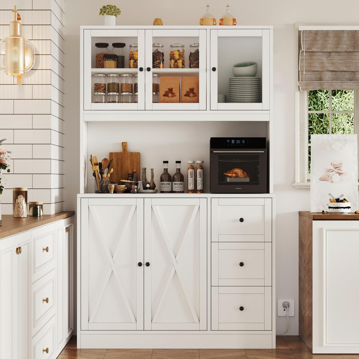 Irontar 70.9'' Kitchen Pantry Cabinet, Kitchen Hutch with Microwave Stand & Charging Station, Farmhouse Tall Kitchen Cabinet with Countertop, Bar Cabinet with Drawer and Glass Doors, White CWG011WE Irontar