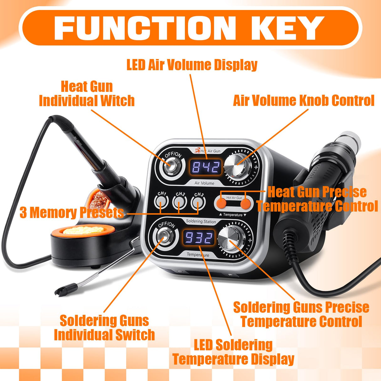 M-T 2 IN 1 Soldering Iron & Hot Air Rework Station 760W High Power With 3 Sets Stored Temperature and Smart Safe Sleep Mode SMD Estacion de Calor,°F/°C Conver Digital,Temp Correction Dual LED Screen M-T