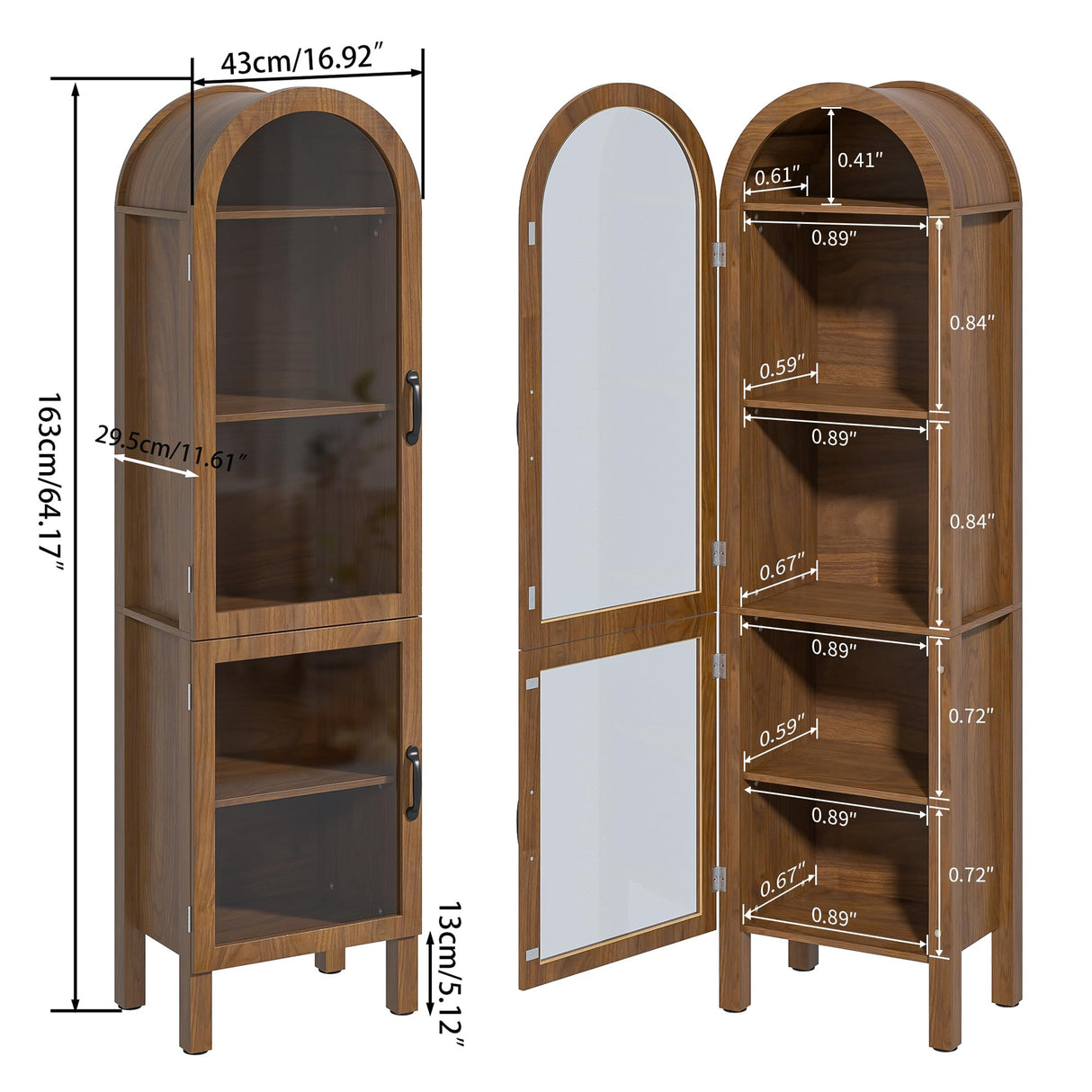 Lxsxhome 64.17'' Tall Arched Modern Walnut Display Cabinet with Acrylic Glass Doors, 5-Tier Kitchen Pantry Storage Cabinet, Bookcase for Living Dining Room Lxsxlome