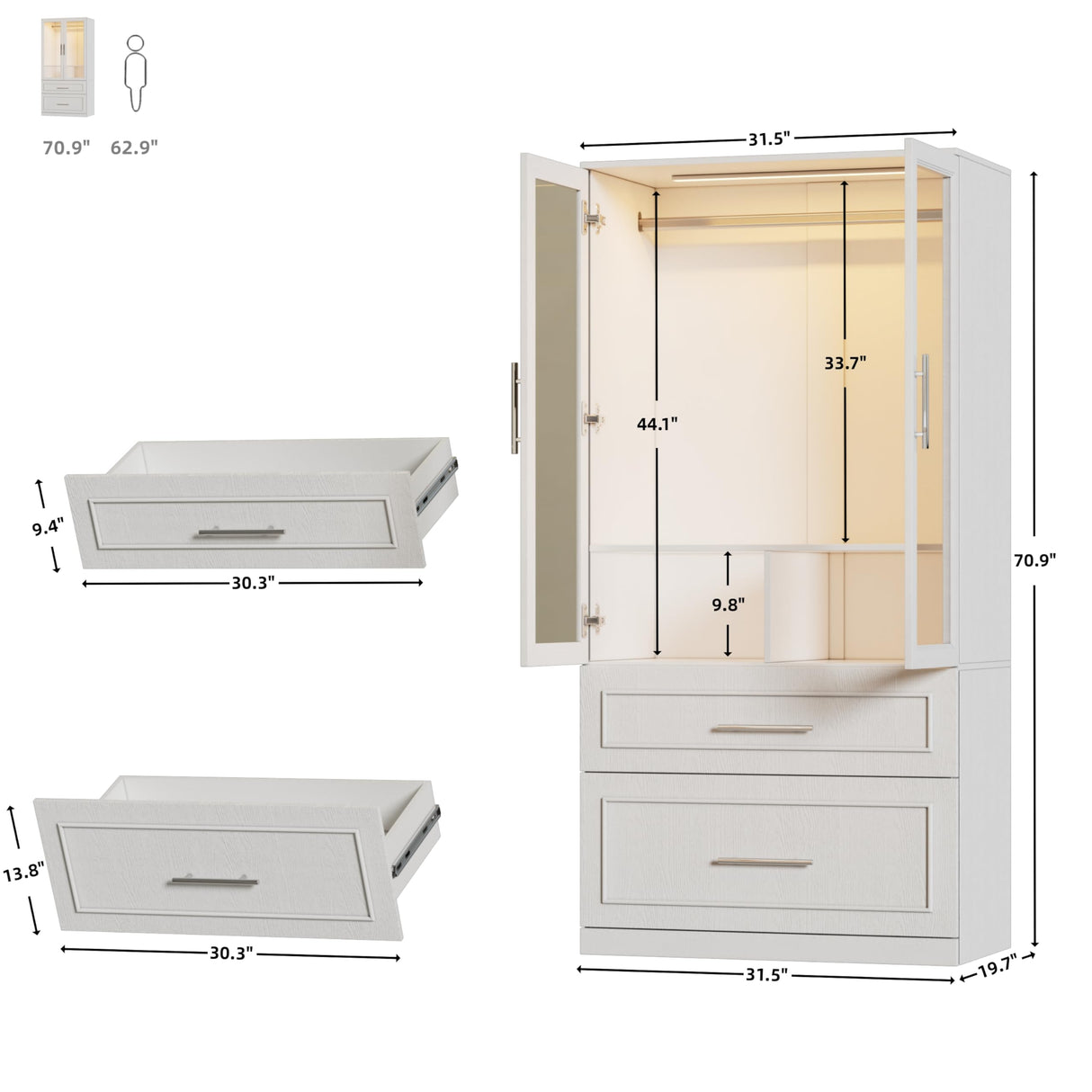 PAKASEPT Armoire Wardrobe Closet with Glass Door and Drawers, Bedroom Closet Wardrobe Cabinet with Hanging Rod, Lighted Freestanding Armoire Storage Cabinet for Bedroom Cloakroom White PAKASEPT