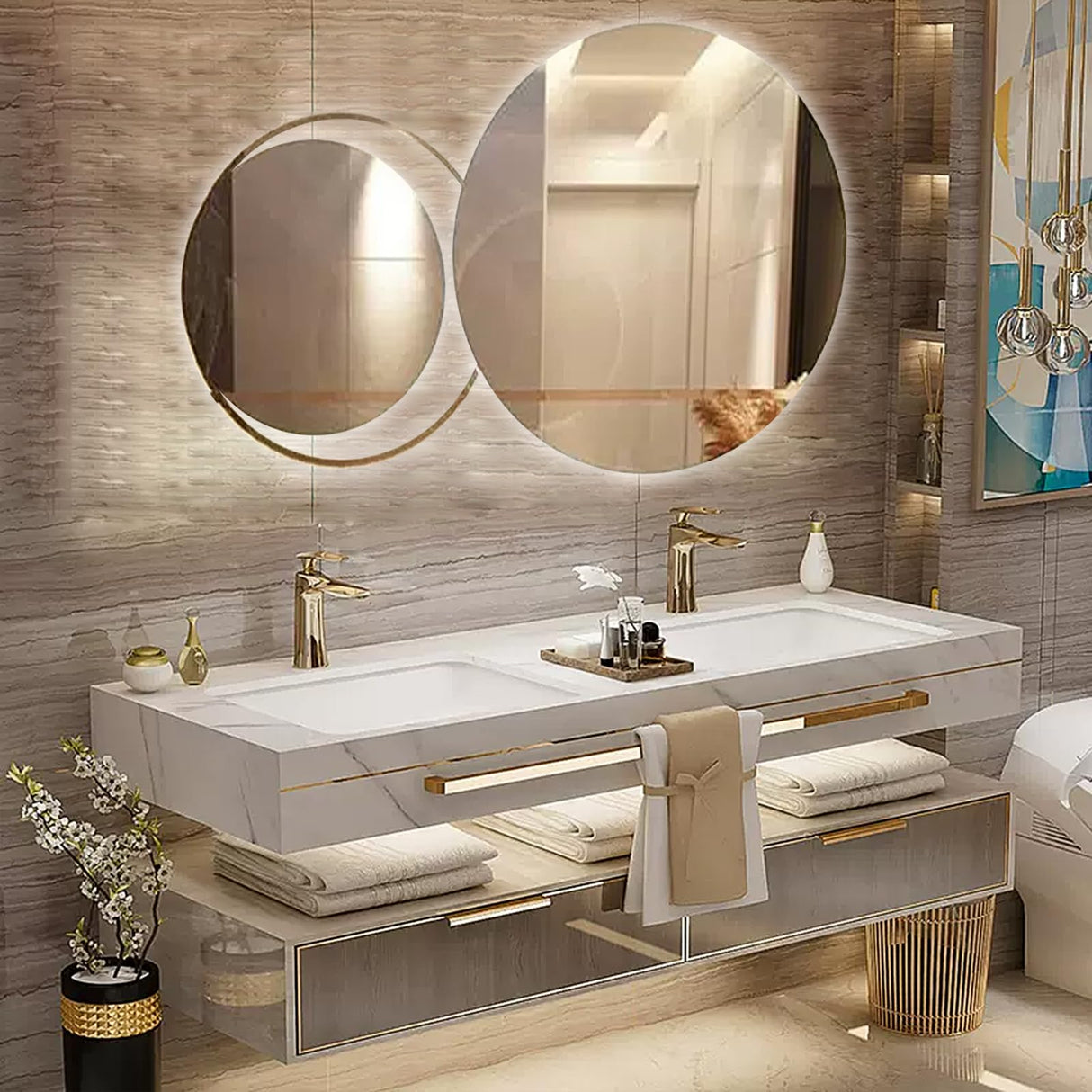 NAIROLET Bathroom Vanities with Sink - Double Wall Mouted Cabinet Towel Hanging & Led Light & Defogging Mirror | Gold Modern Metal Luxury Style Wood Freestanding Bathroom Vanities (84'') NAIROLET