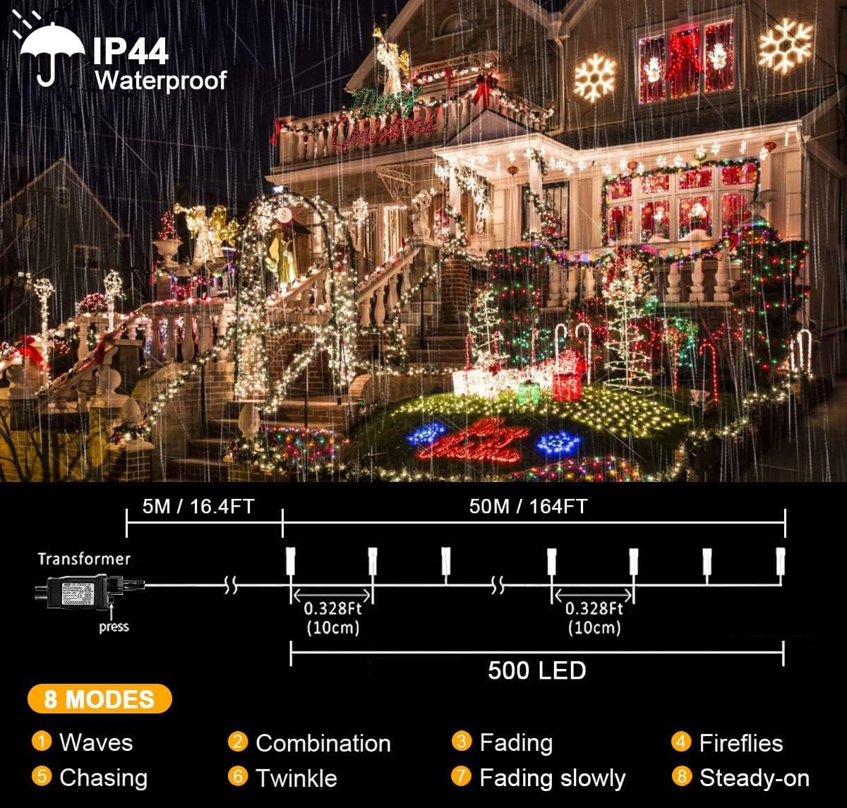 kemooie 500 LED Christmas Lights, 164FT 8 Lighting Modes Plug in Waterproof LED String Lights for Outdoor Christmas Tree Birthday Christmas Wedding Party Garden Balcony Decorations (Warm White) kemooie